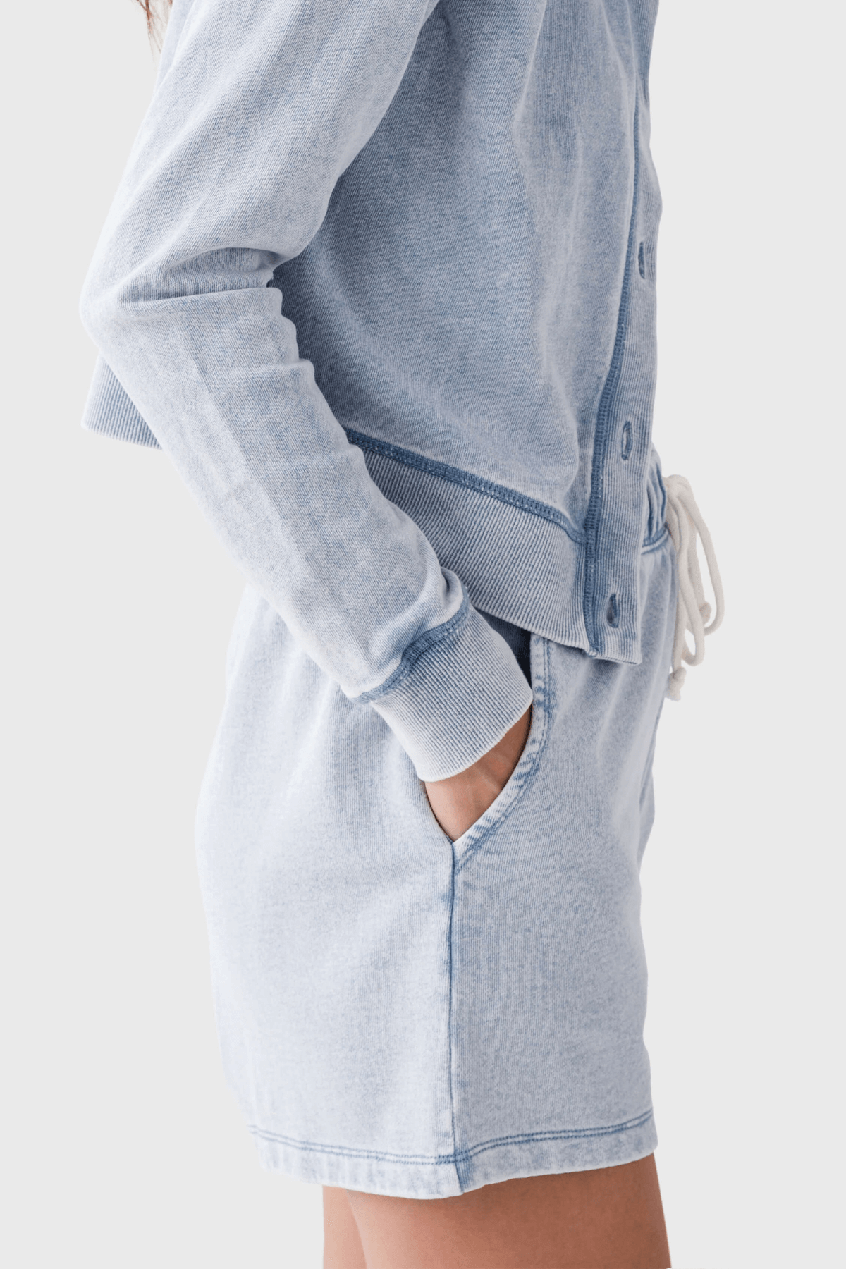 Drawstring Elastic-waist Knit Denim Short Co-ord Set