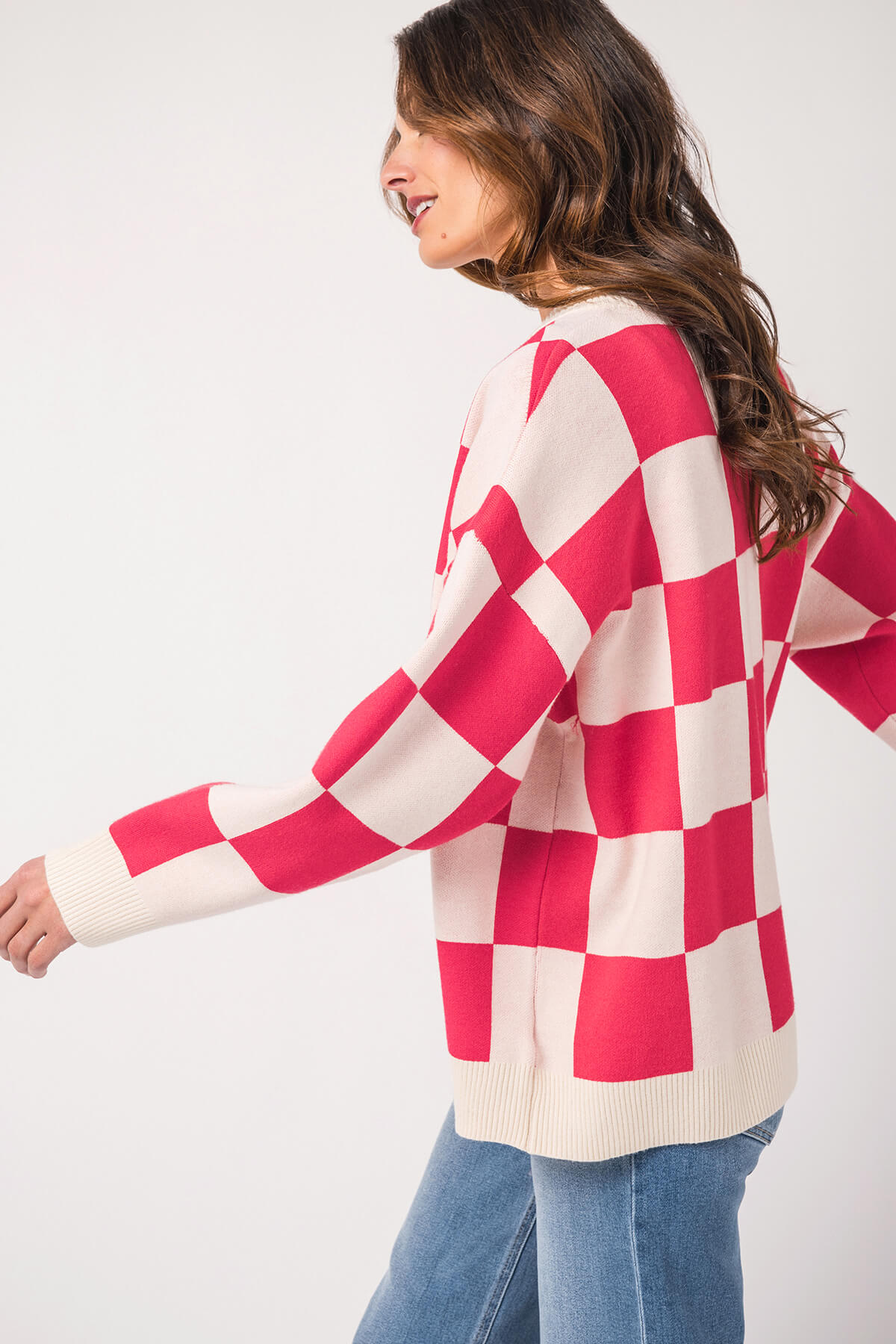 Checkered V-neck Knit Cardigan