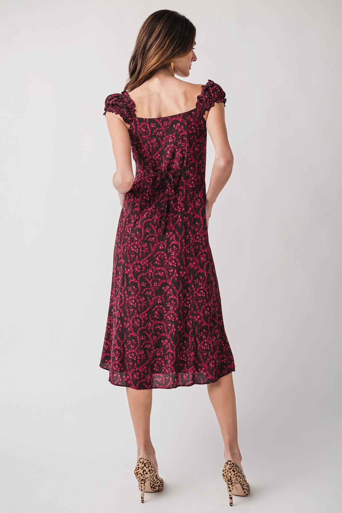 Ruffled Cap-sleeve A-line Midi Dress