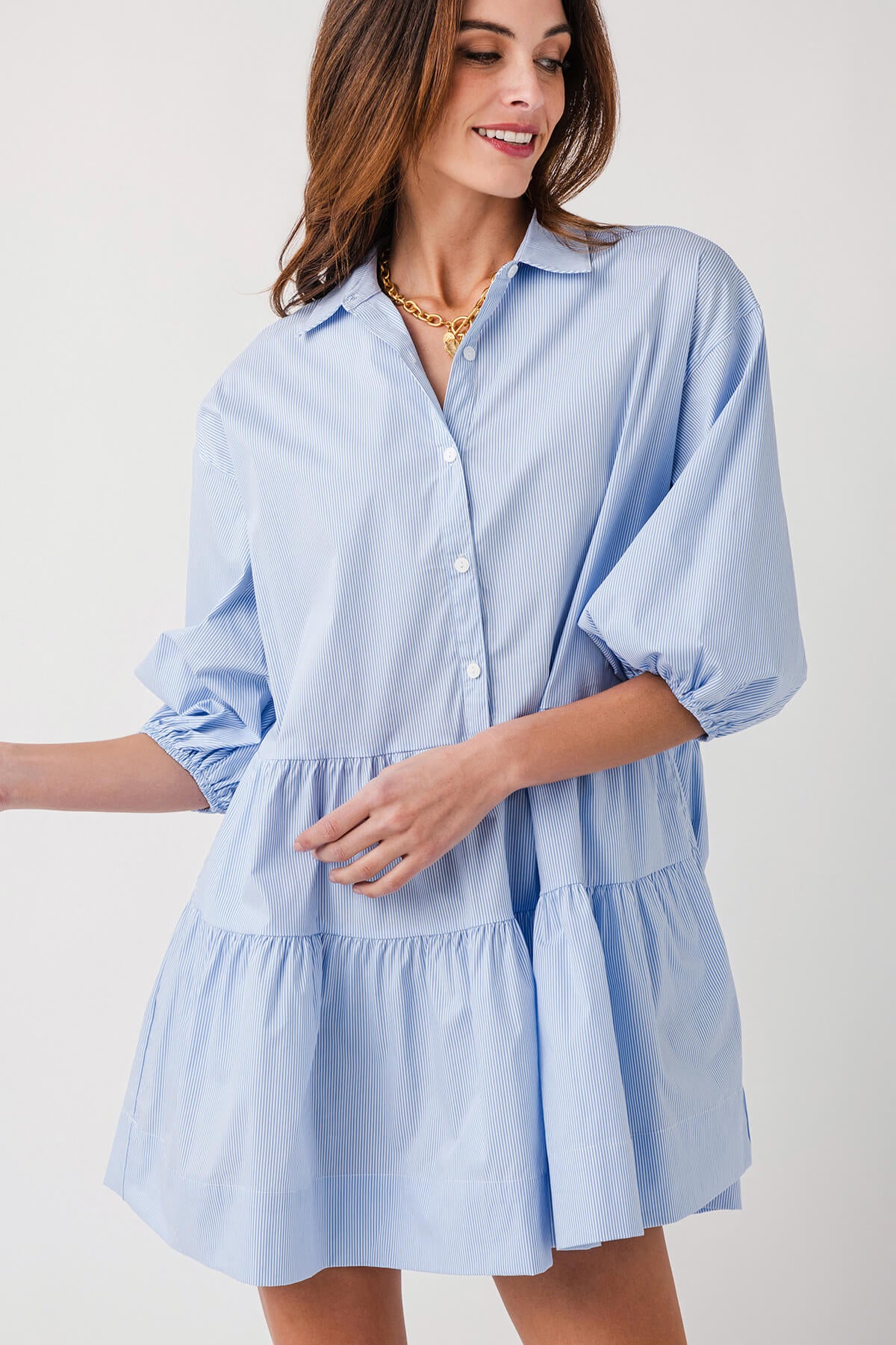 Pinstripe Puffed-sleeve Shirt-style Mini Dress
