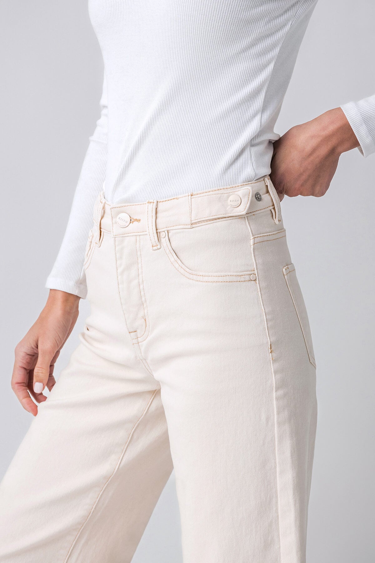 Topstitched Pocket High-rise Cropped Wide-leg Denim Pants