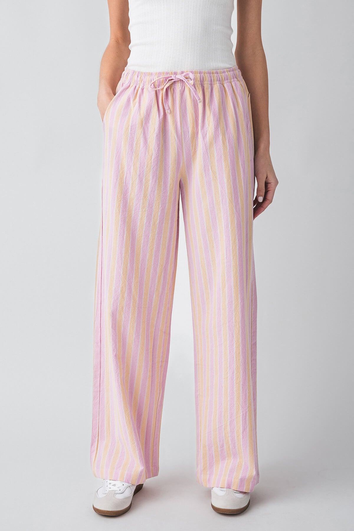 Striped Elastic-waist Wide-leg Casual Pants