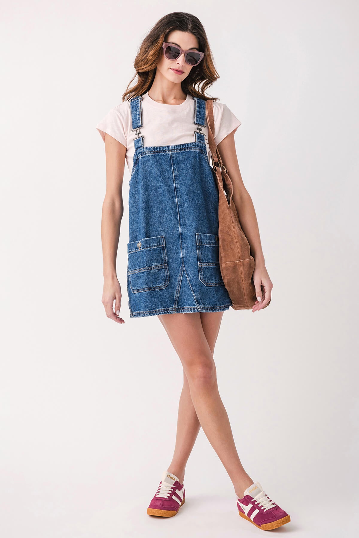 White-topstitched Denim A-line Overall Mini Dress