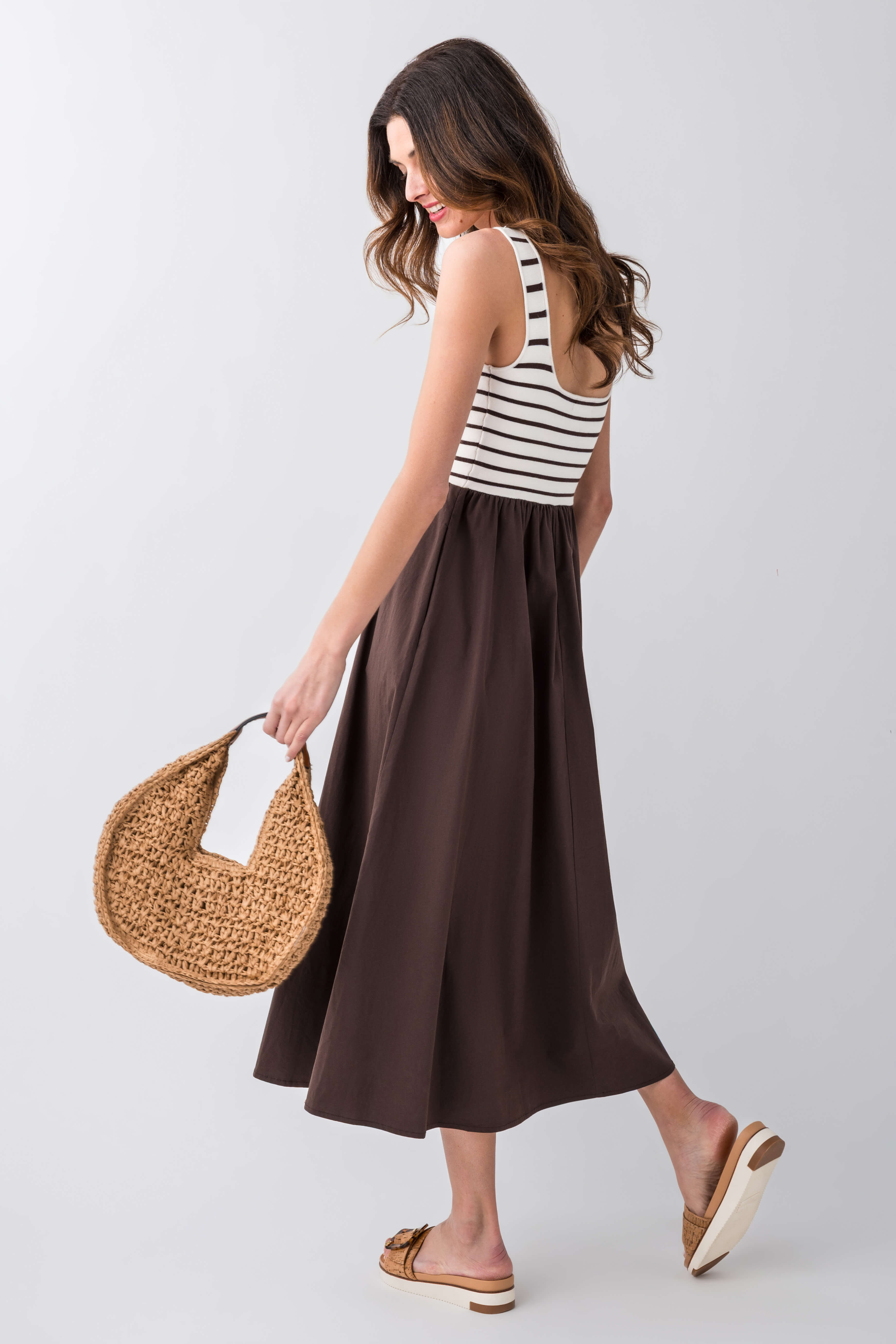 Pleated Square-neck Striped Midi Dress