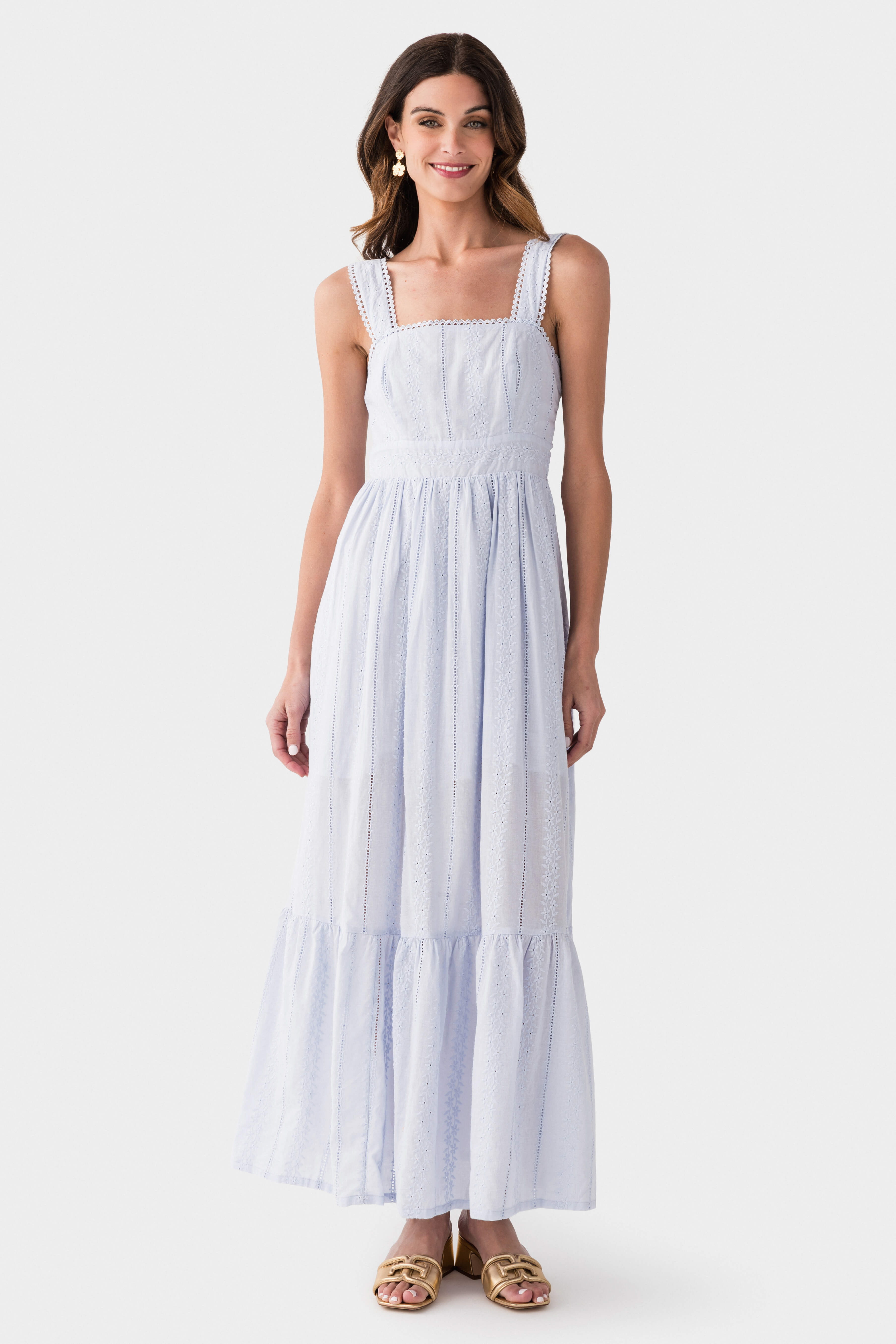 Eyelet-embroidered Square-neck Tiered Maxi Dress