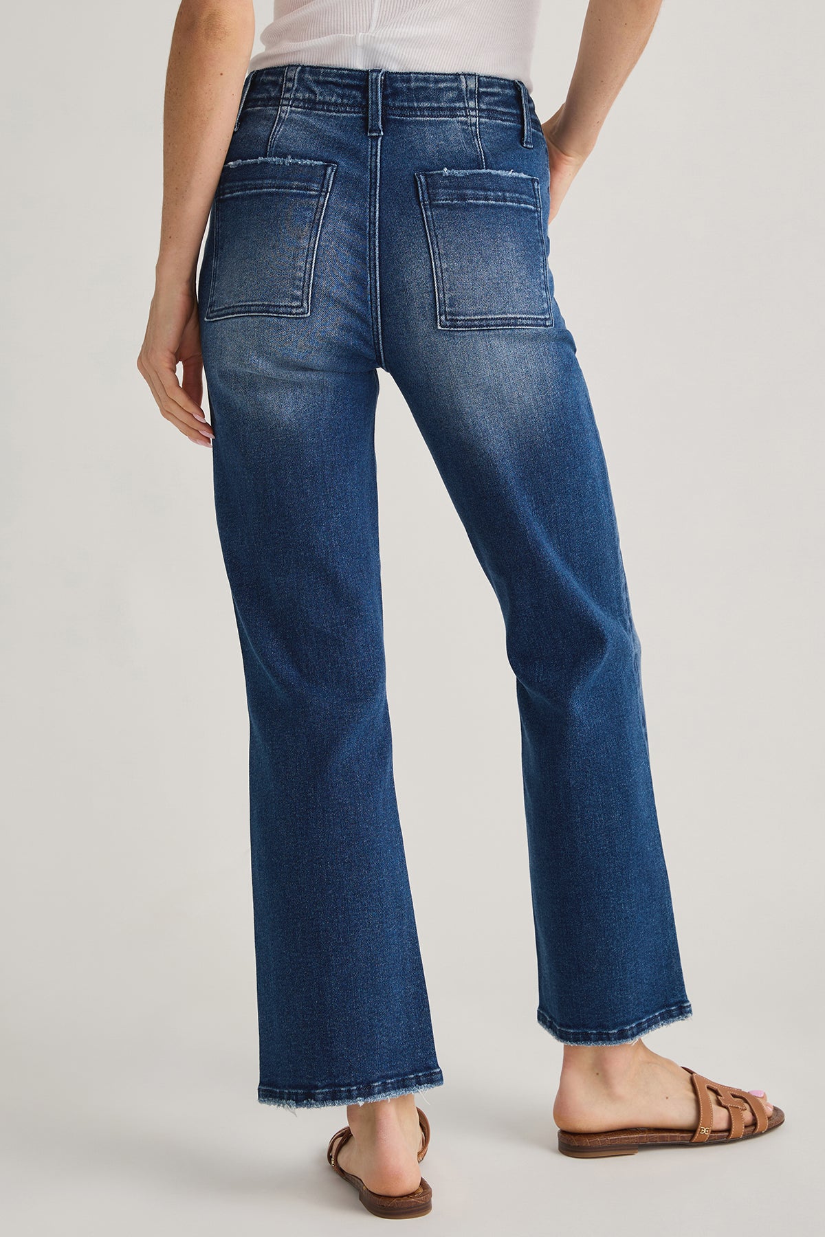 Decorative-pocket Frayed-hem High-rise Flare Denim Jeans