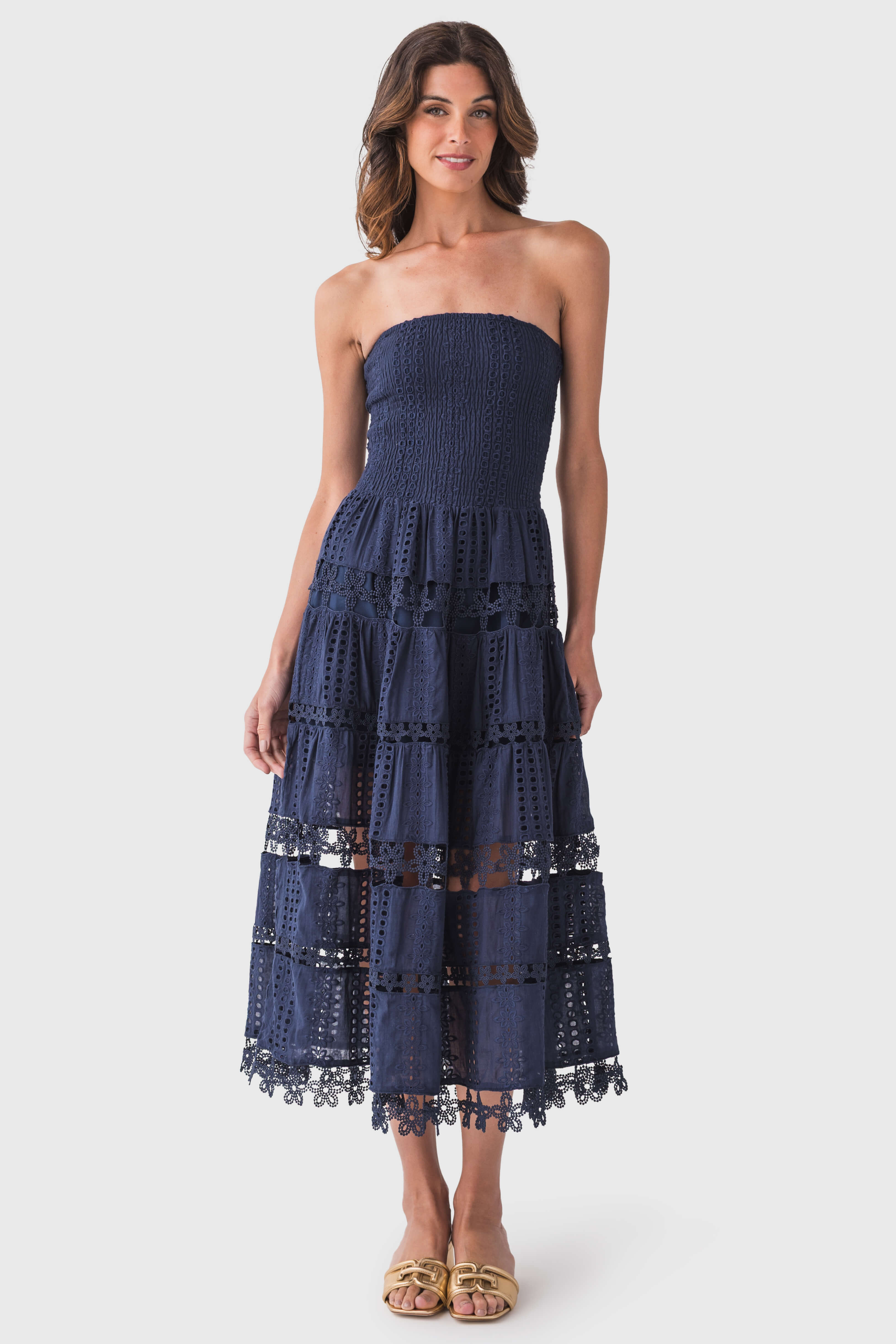 Eyelet-lace Tiered Strapless Midi Dress