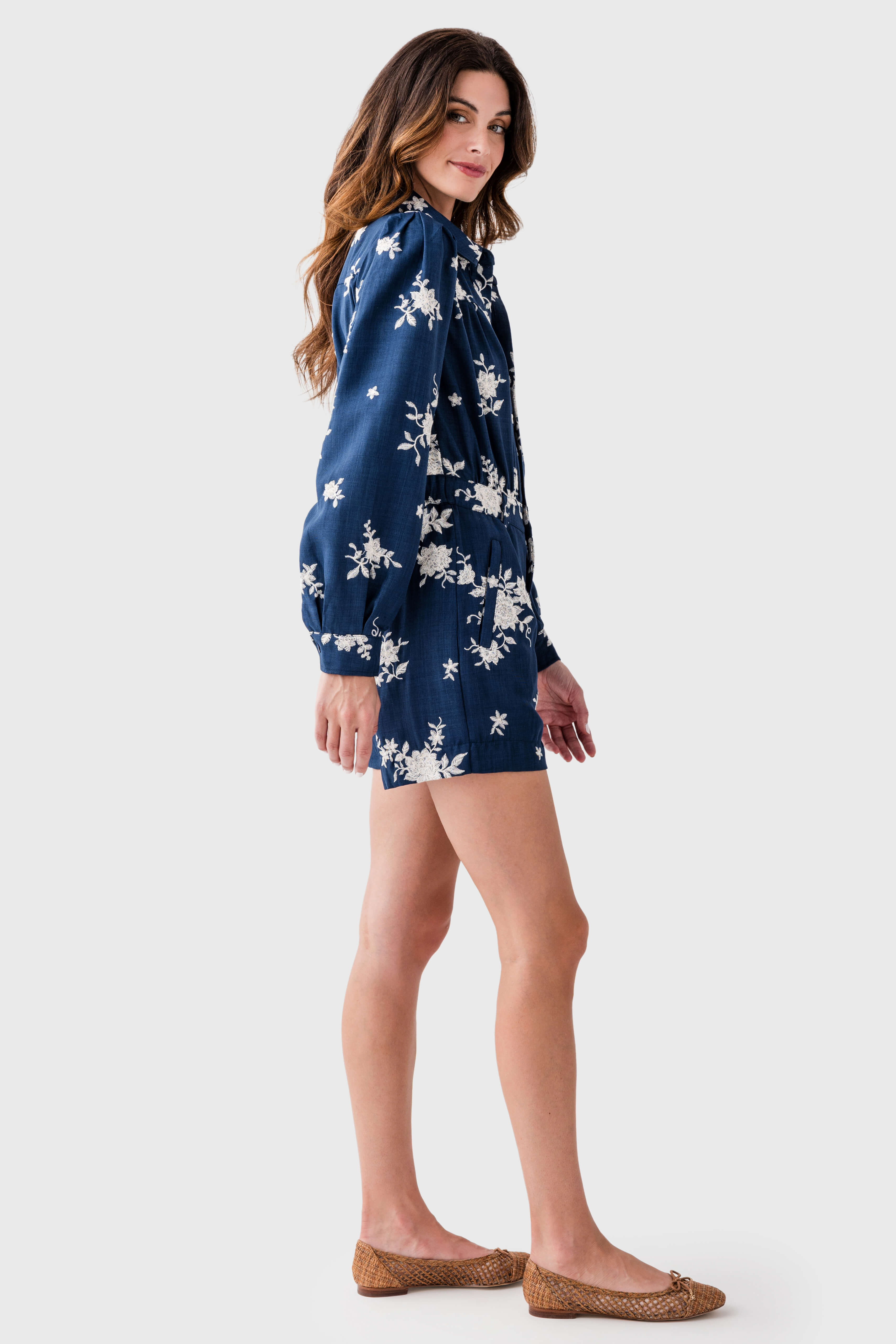 Puffed-sleeve Floral-embroidered Romper