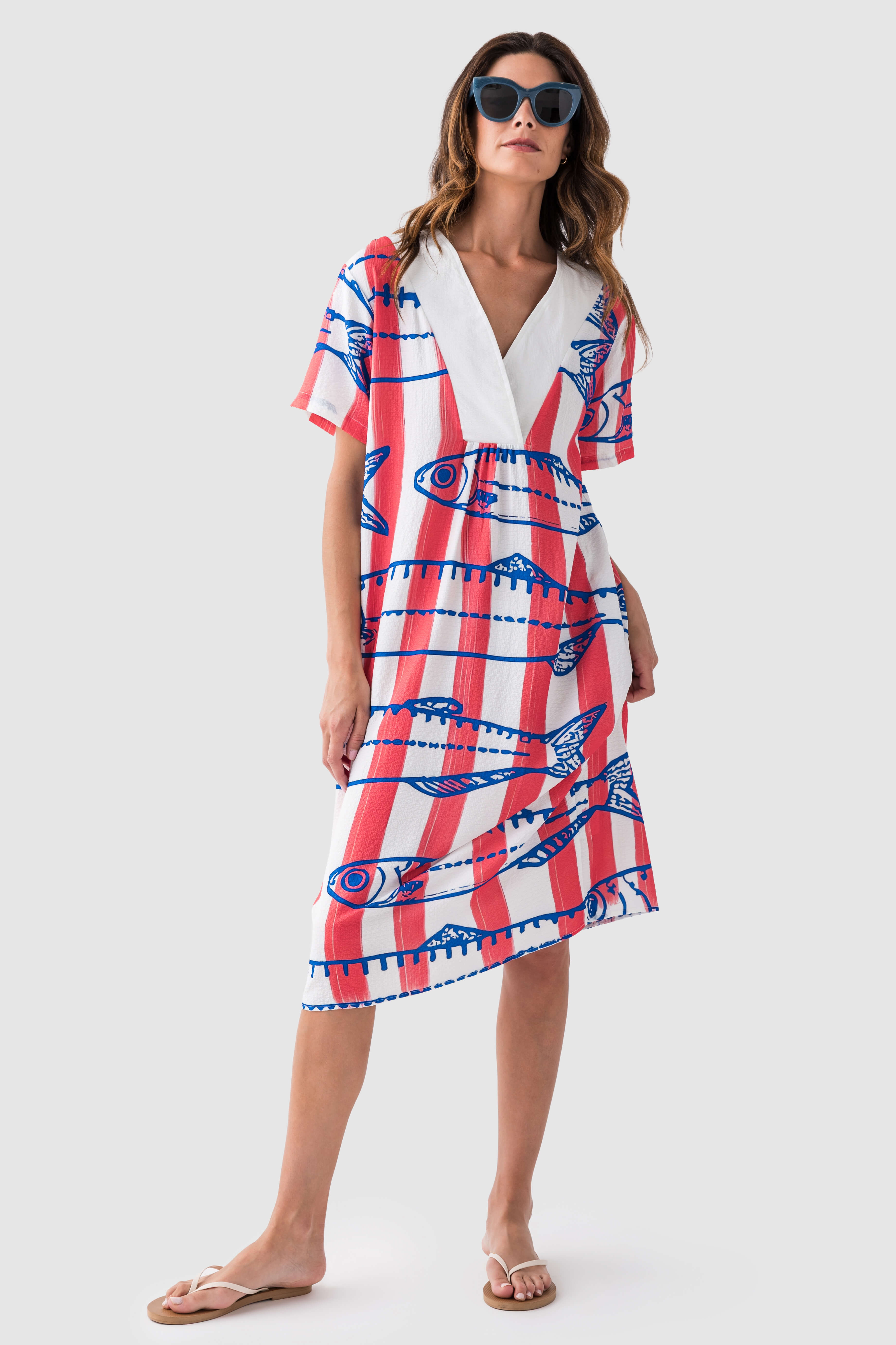 V-neck Textured Marine Print Casual Dress