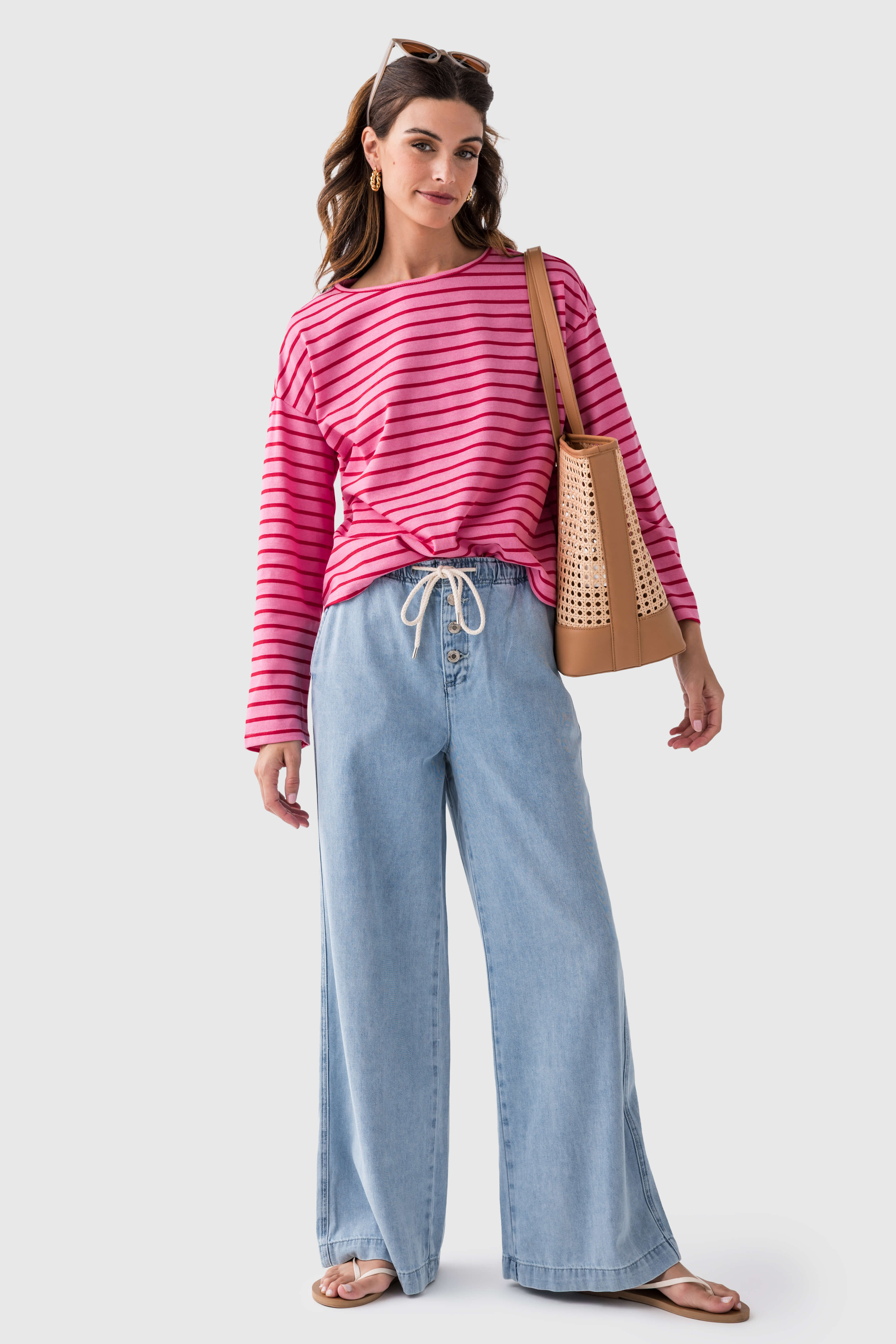 Textured Wide-leg Drawstring Denim Pants
