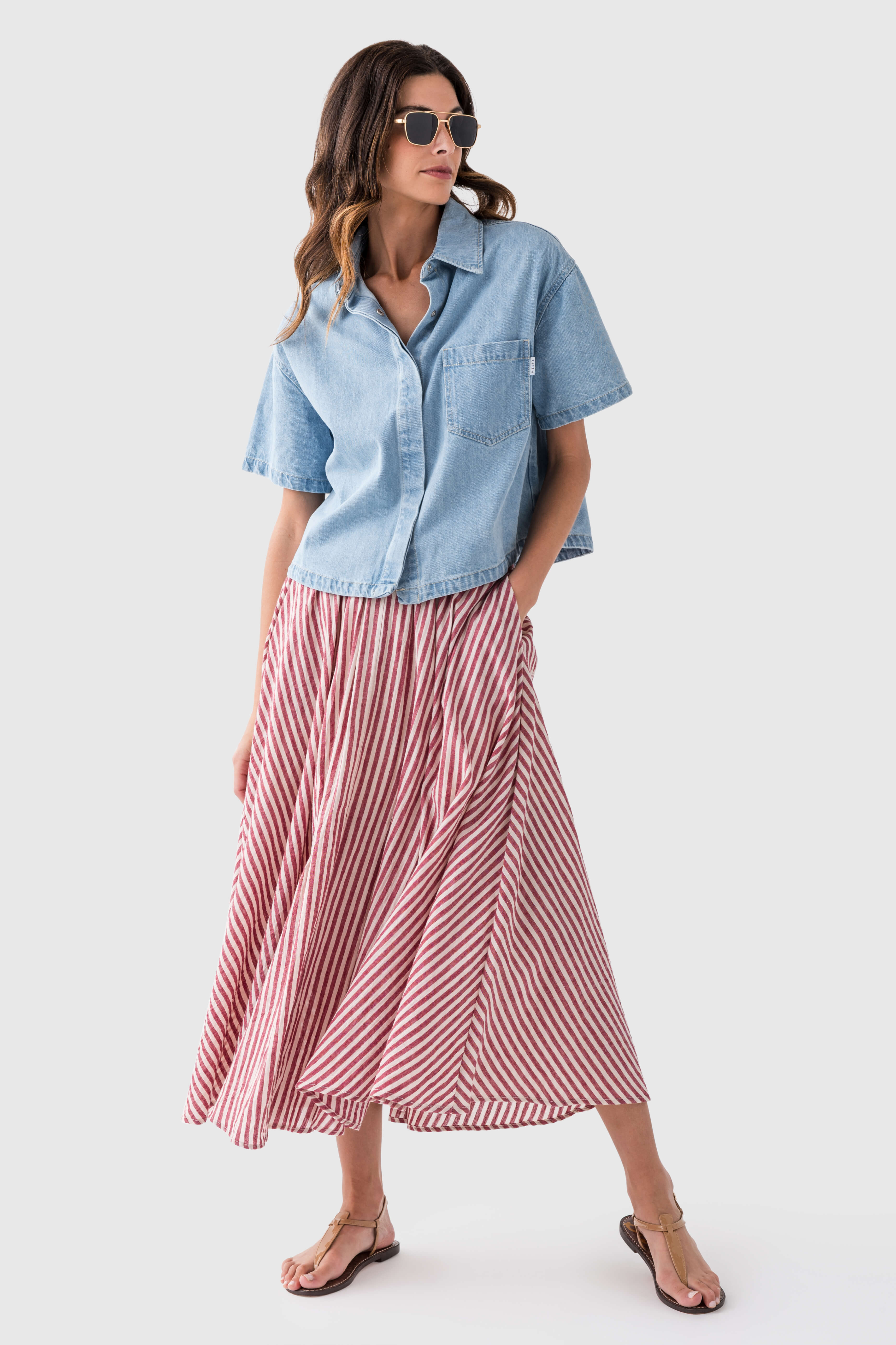 Cropped Relaxed-fit Denim Button-up Shirt