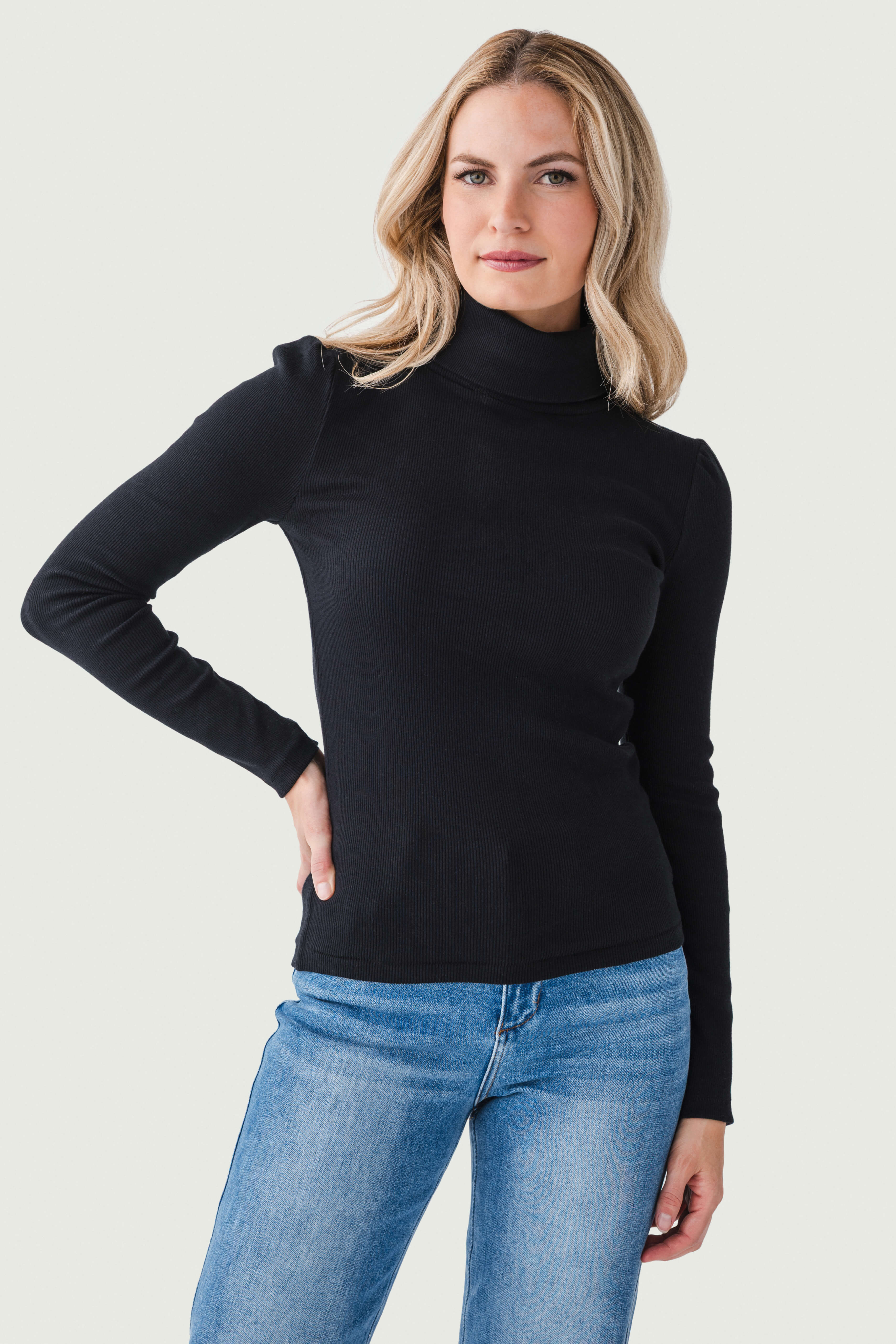Shoulder-gathered Ribbed Turtleneck Top