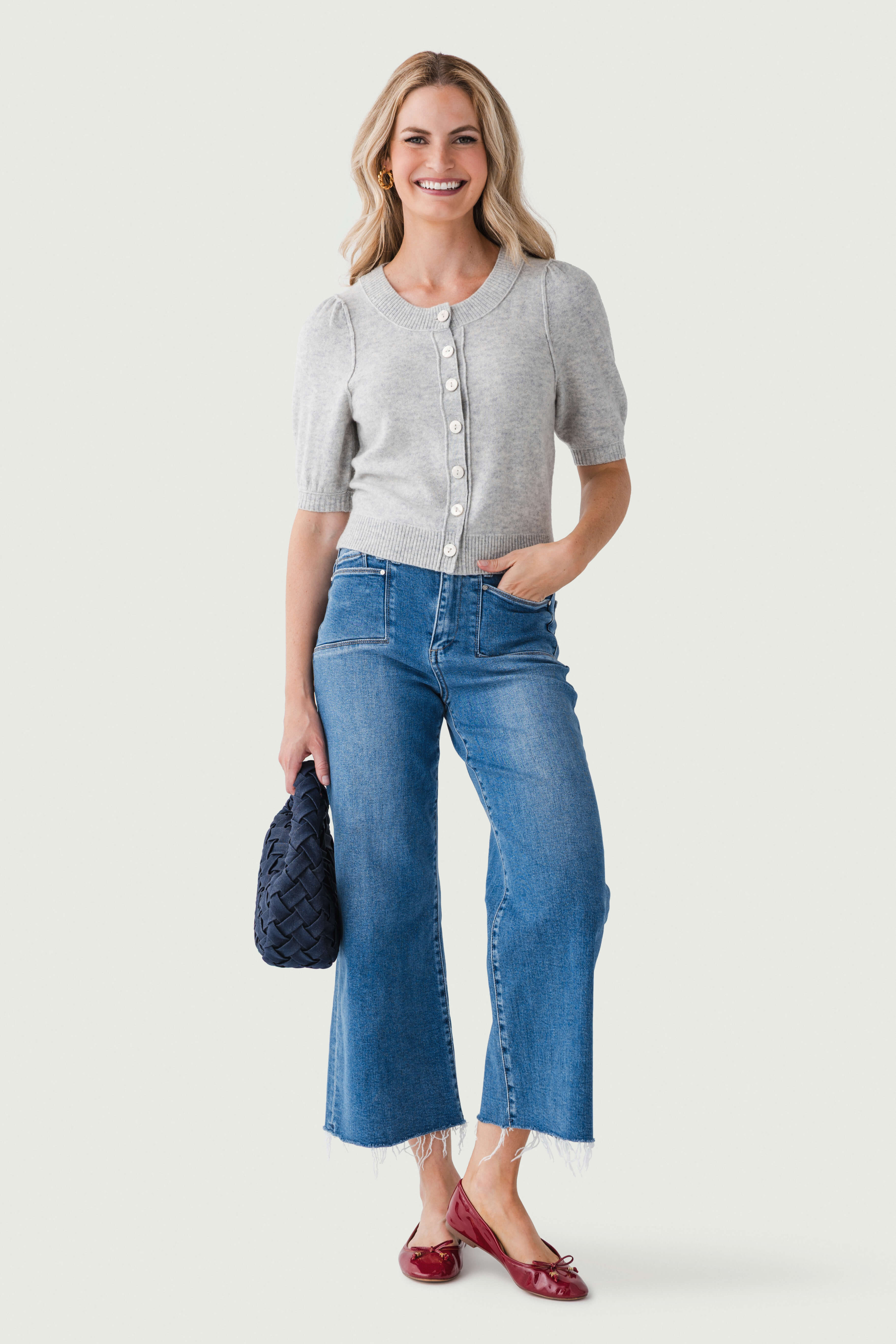 Puffed-sleeve Round-neck Cropped Knit Cardigan