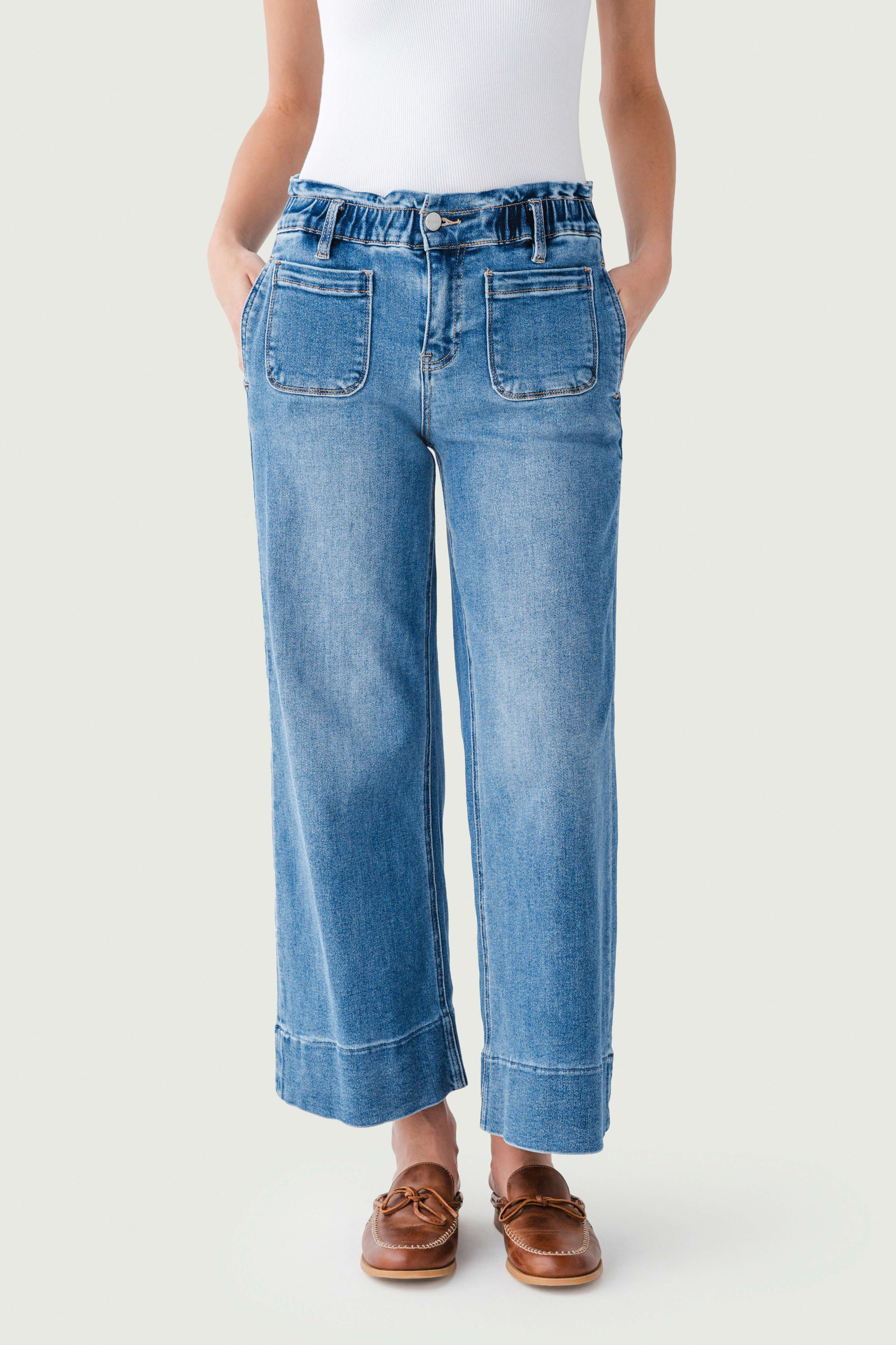 Cuffed Wide-leg High-rise Elastic Jeans