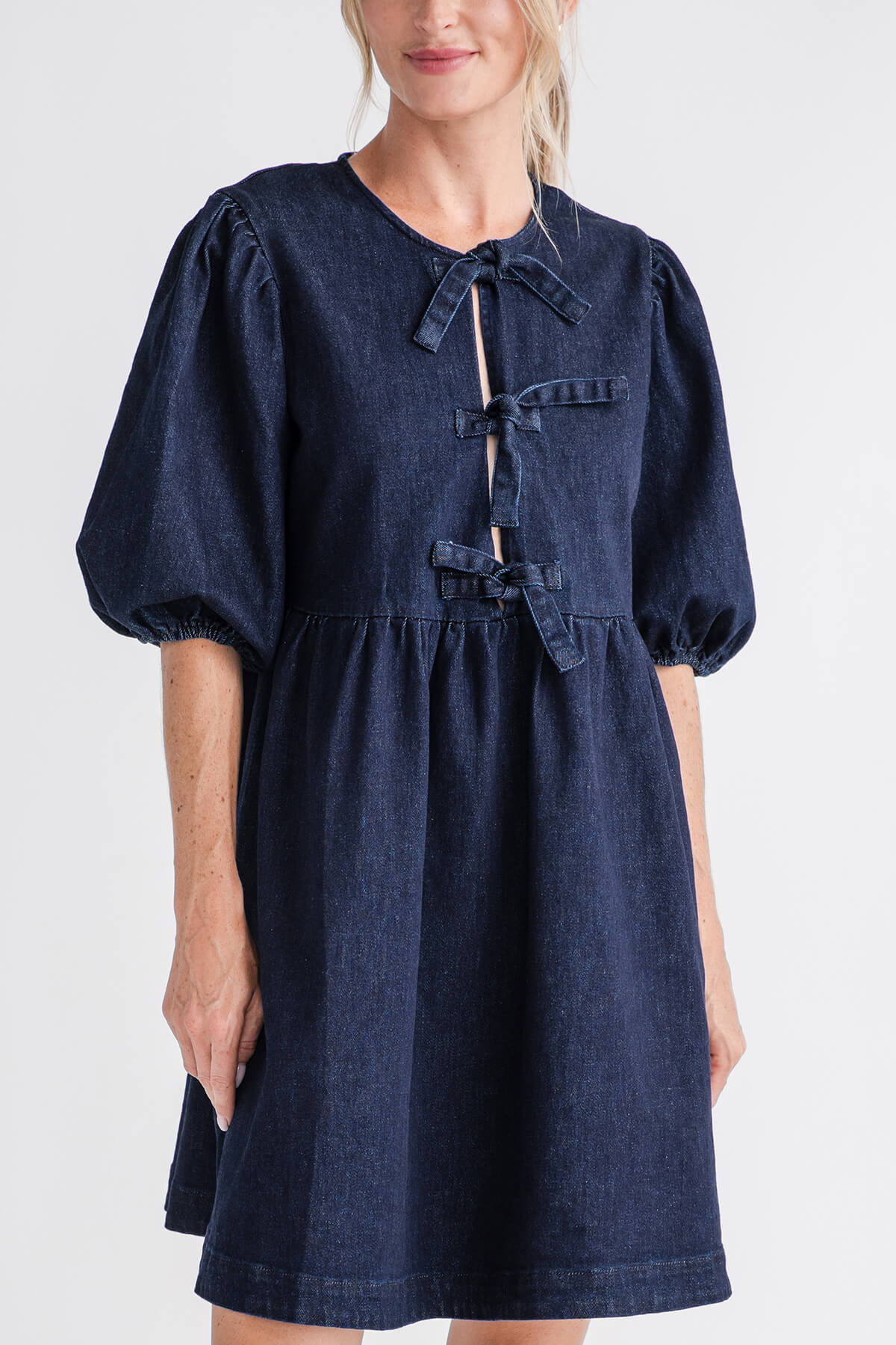 Puffed-sleeve A-line Denim Mini Dress