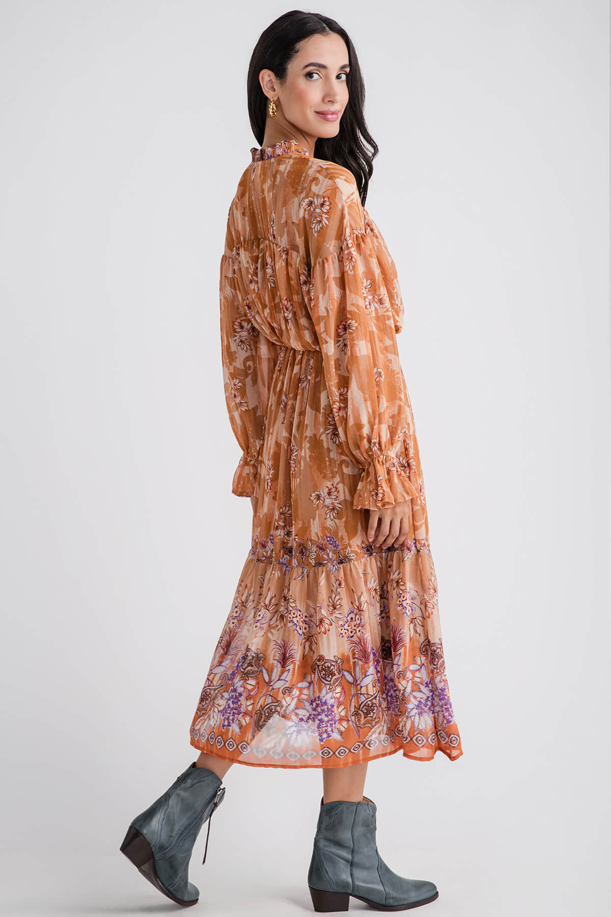 Bohemian Ruffled Long-sleeved Midi Dress