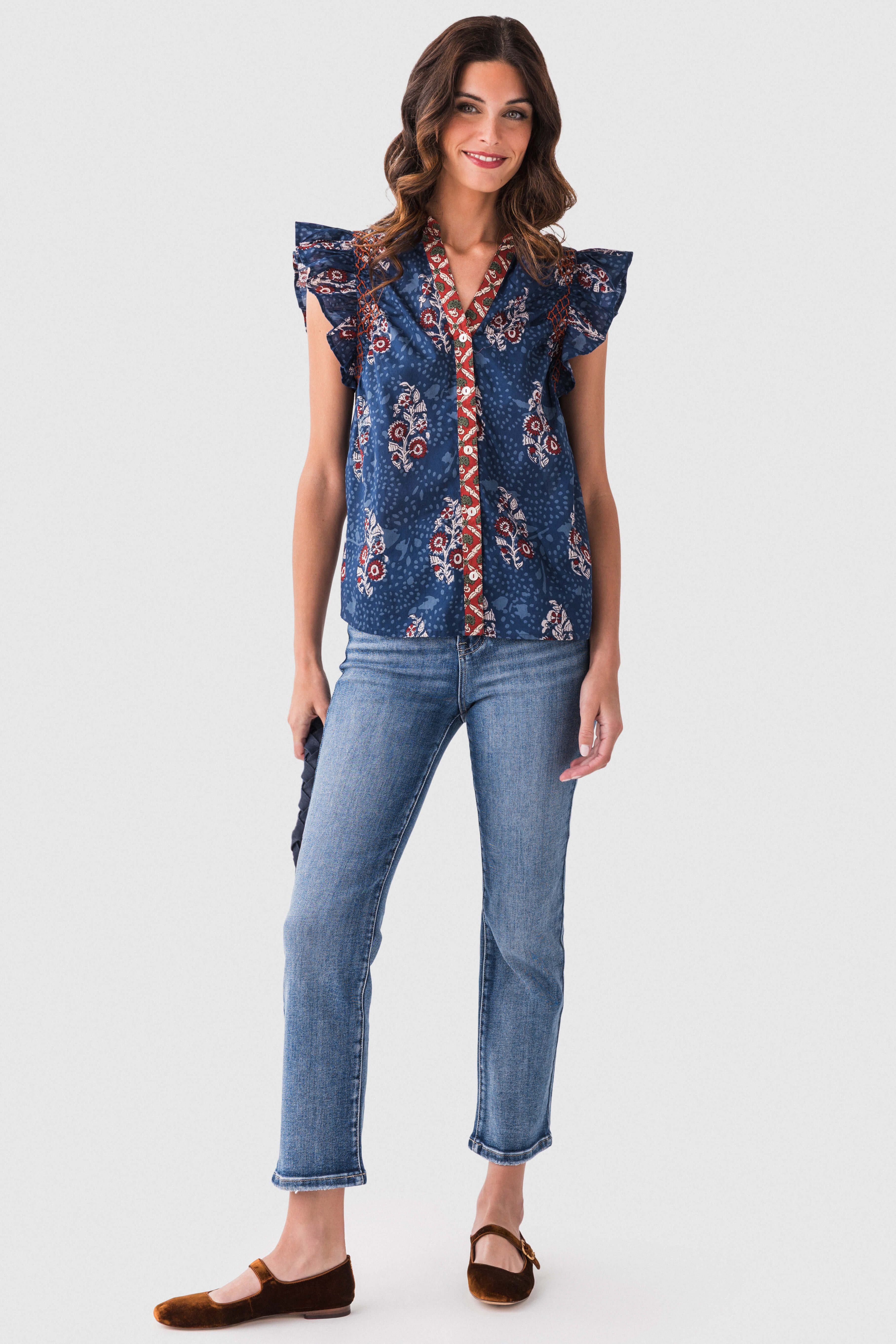 Bohemian Floral-print Ruffled Sleeveless Blouse