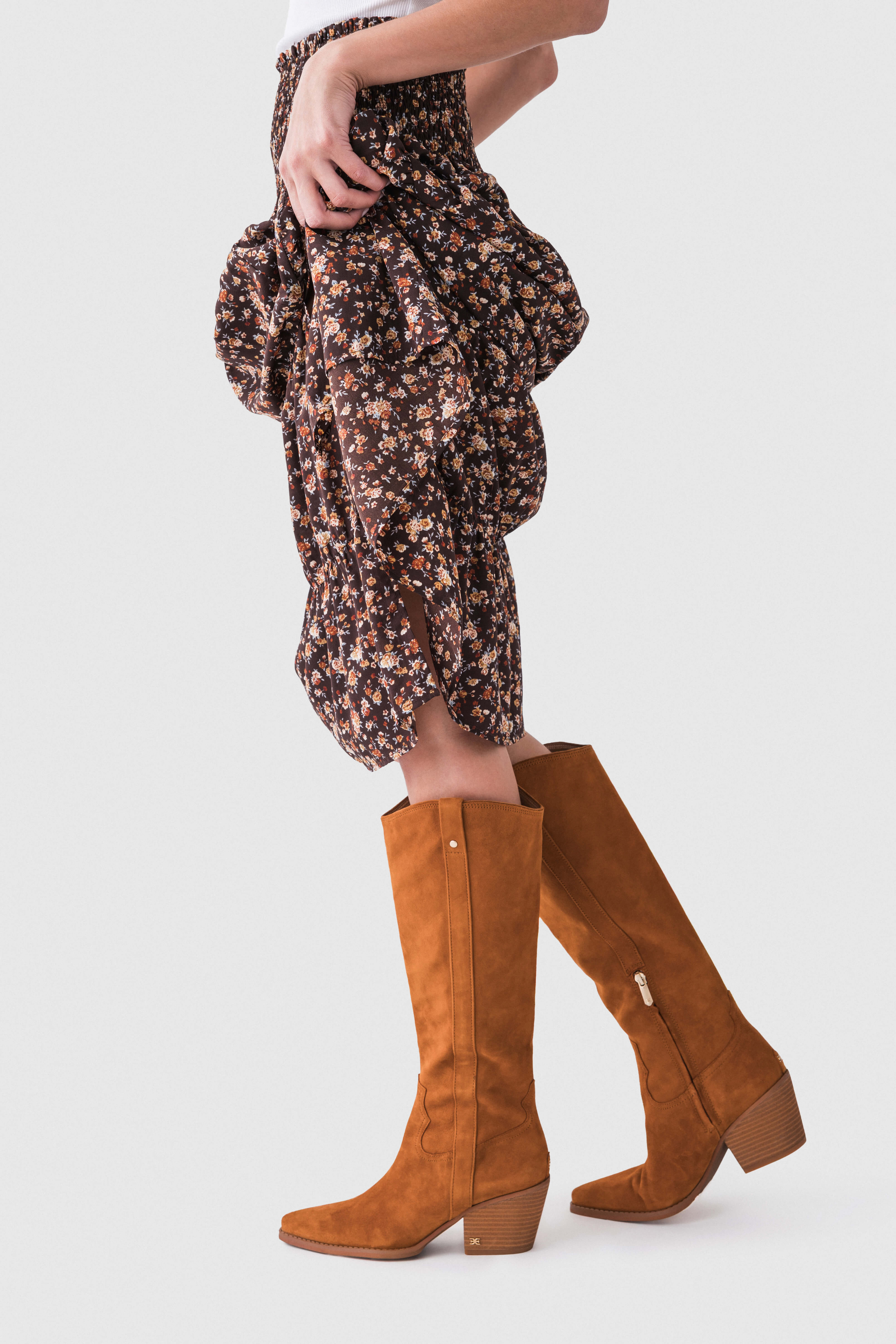 Asymmetric Floral-print Smocked Midi Skirt