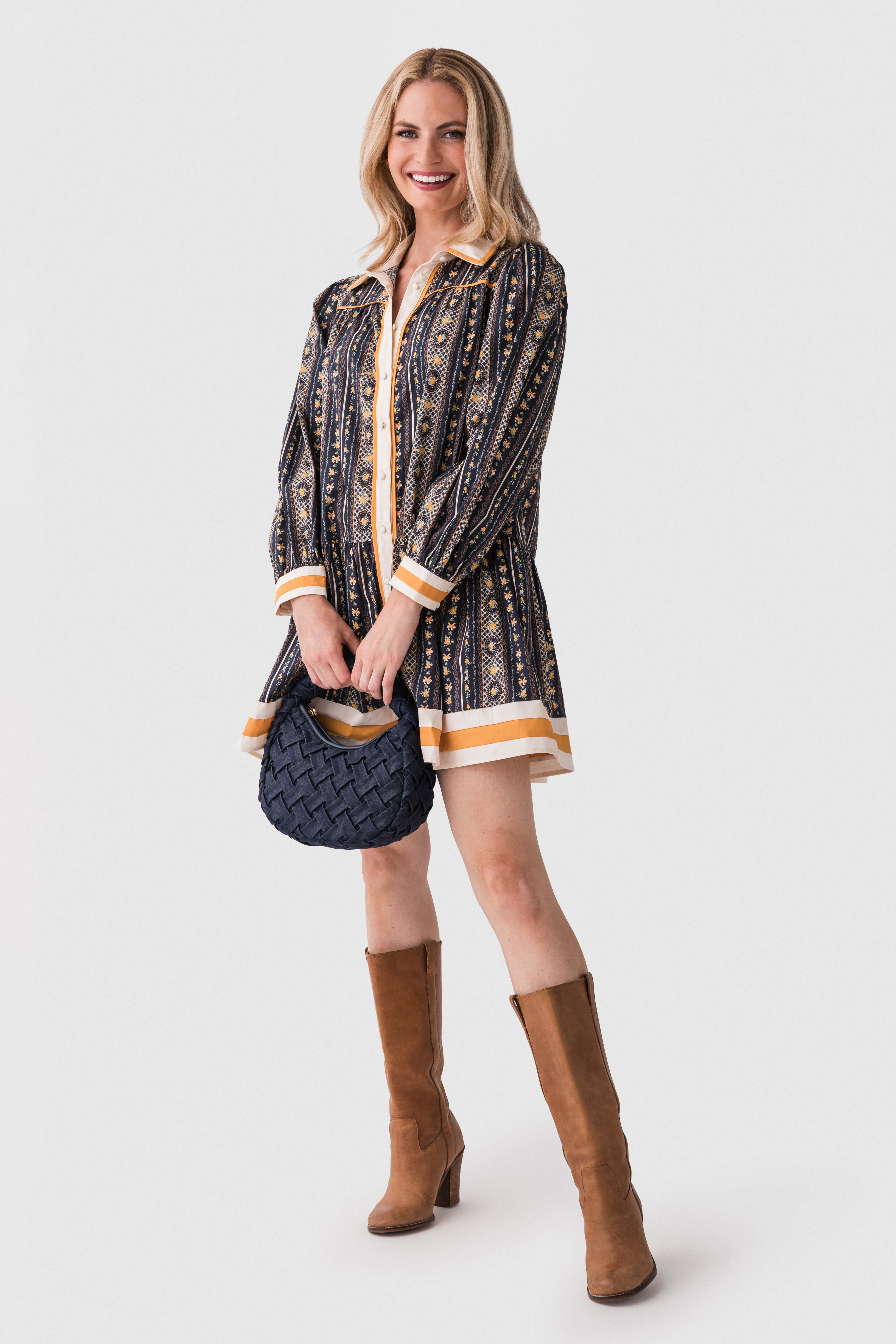 Puffed-sleeve Striped Floral Geometric Mini Shirt Dress