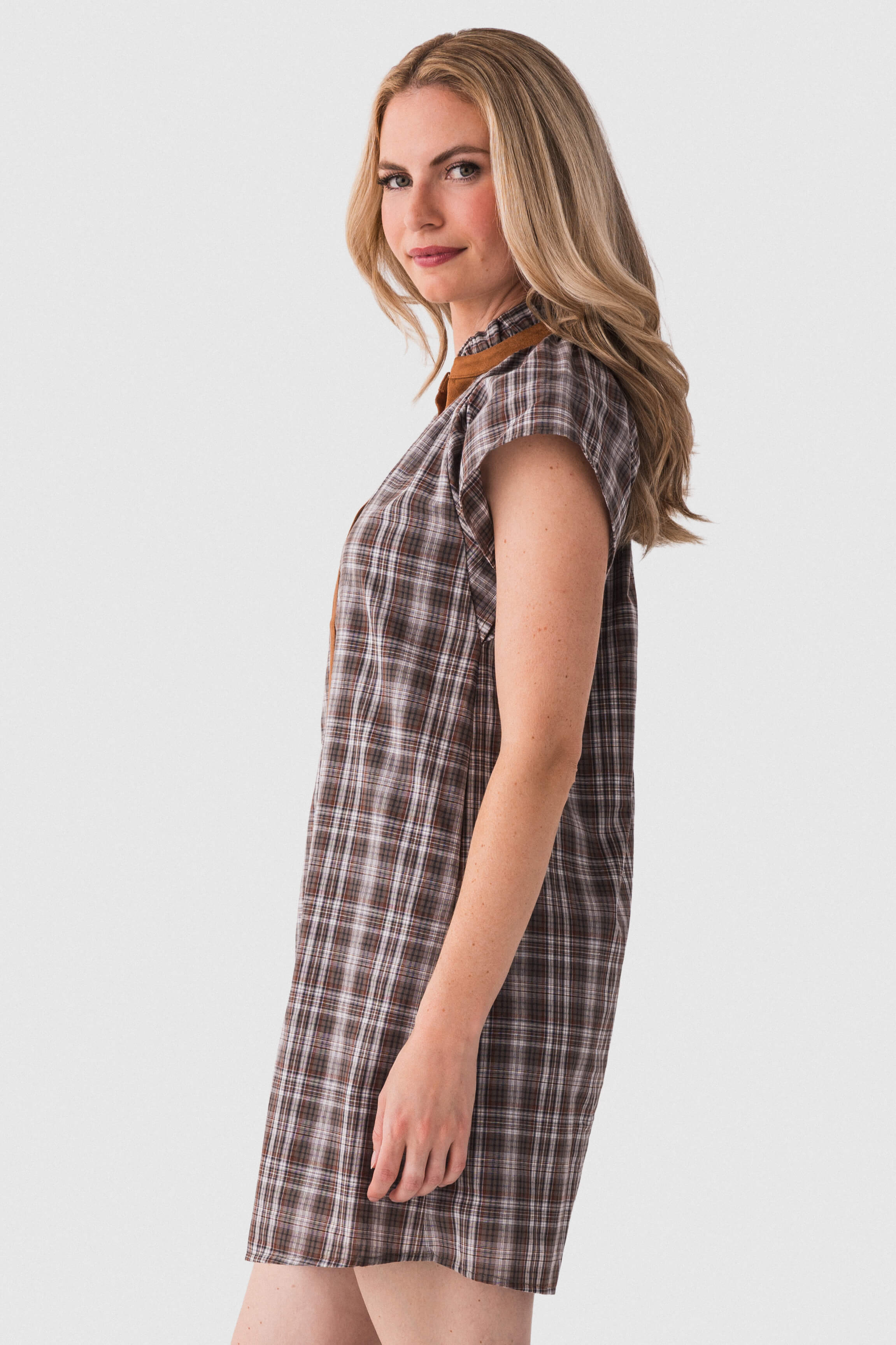 Pleated-back V-neck Plaid Dress
