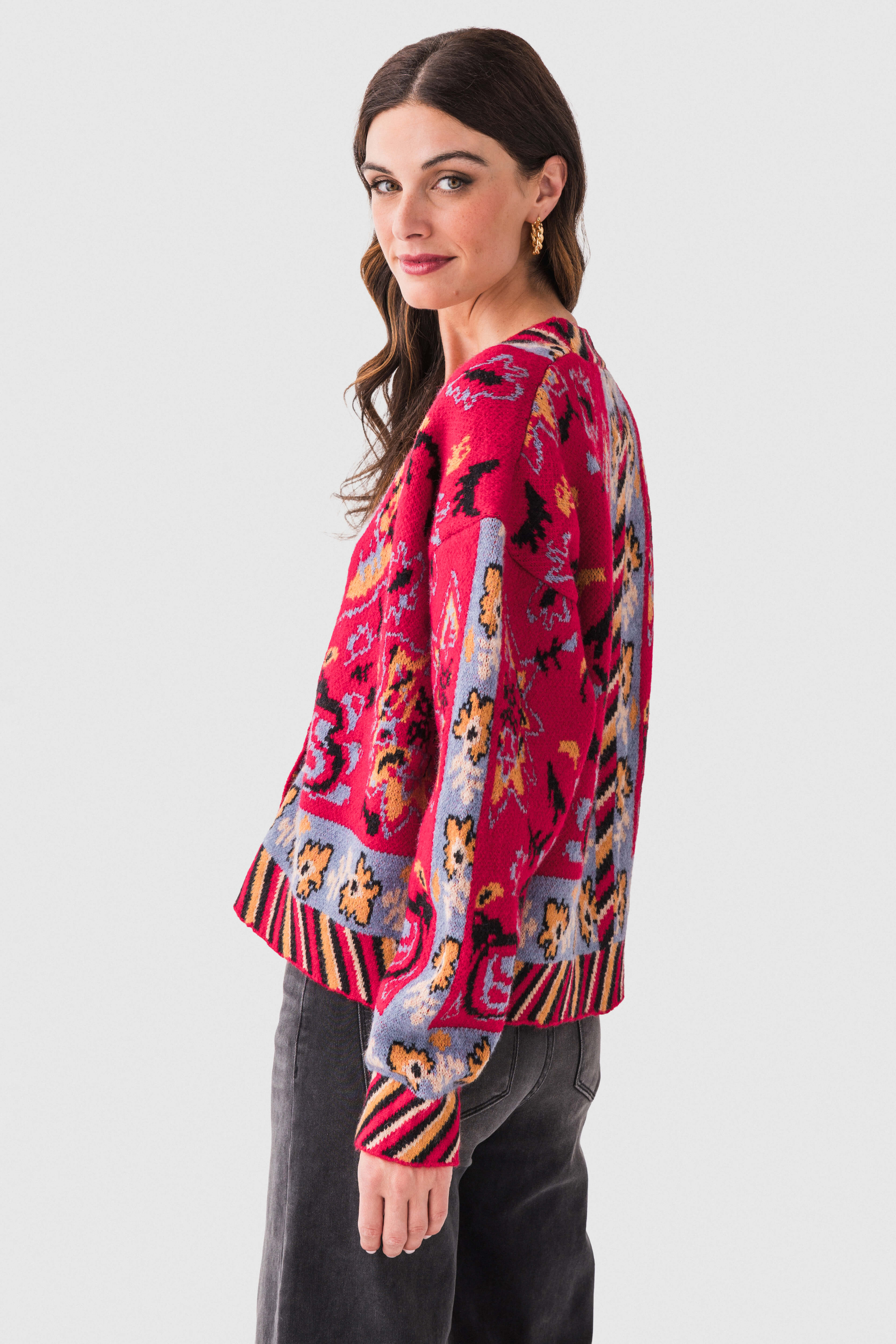 Ethnic-patterned V-neck Oversized Knit Cardigan