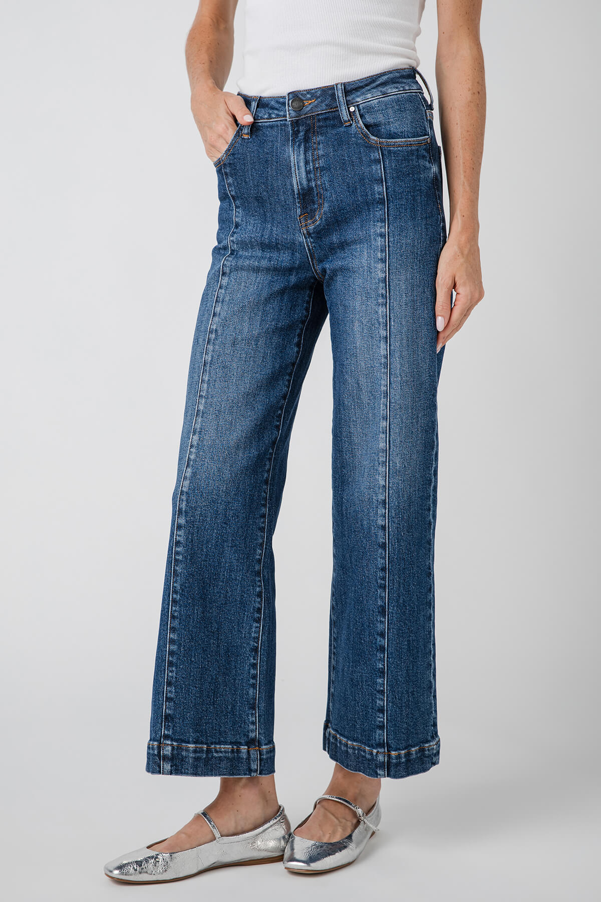 Vertical-seamed High-rise Cropped Wide-leg Denim Jeans