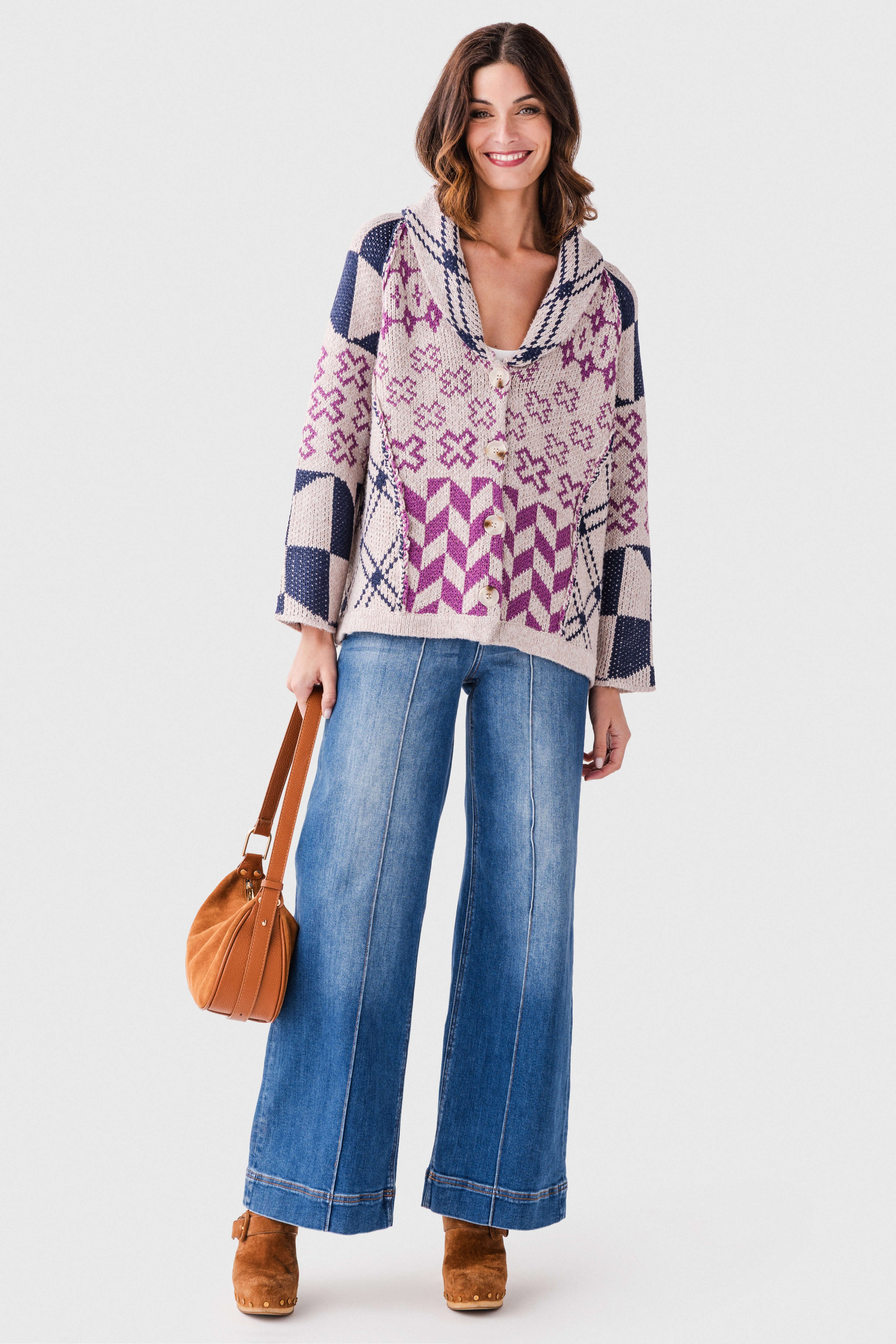 Geometric-patterned Shawl-collar Knit Cardigan