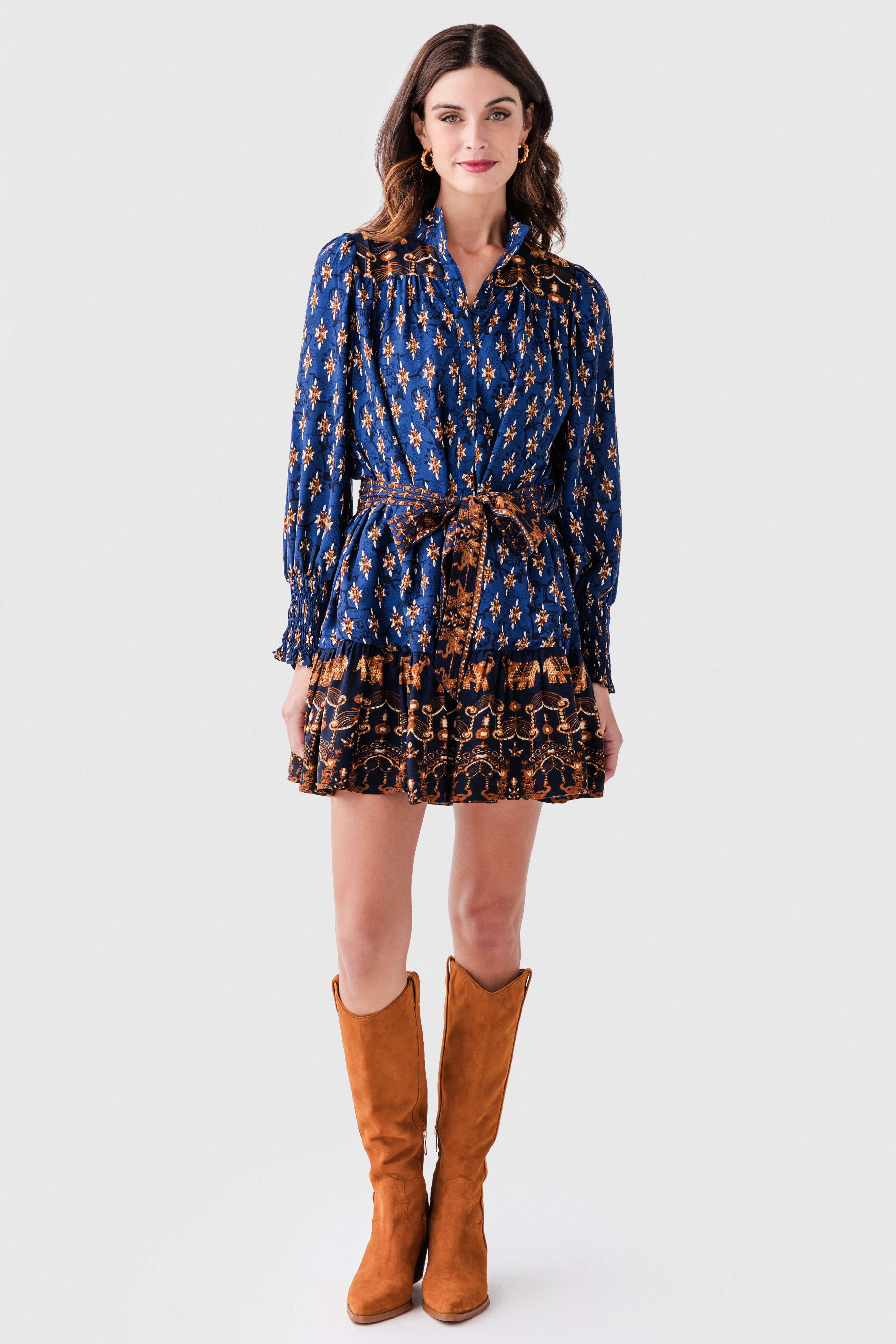 Dual-patterned Belted Mini Dress