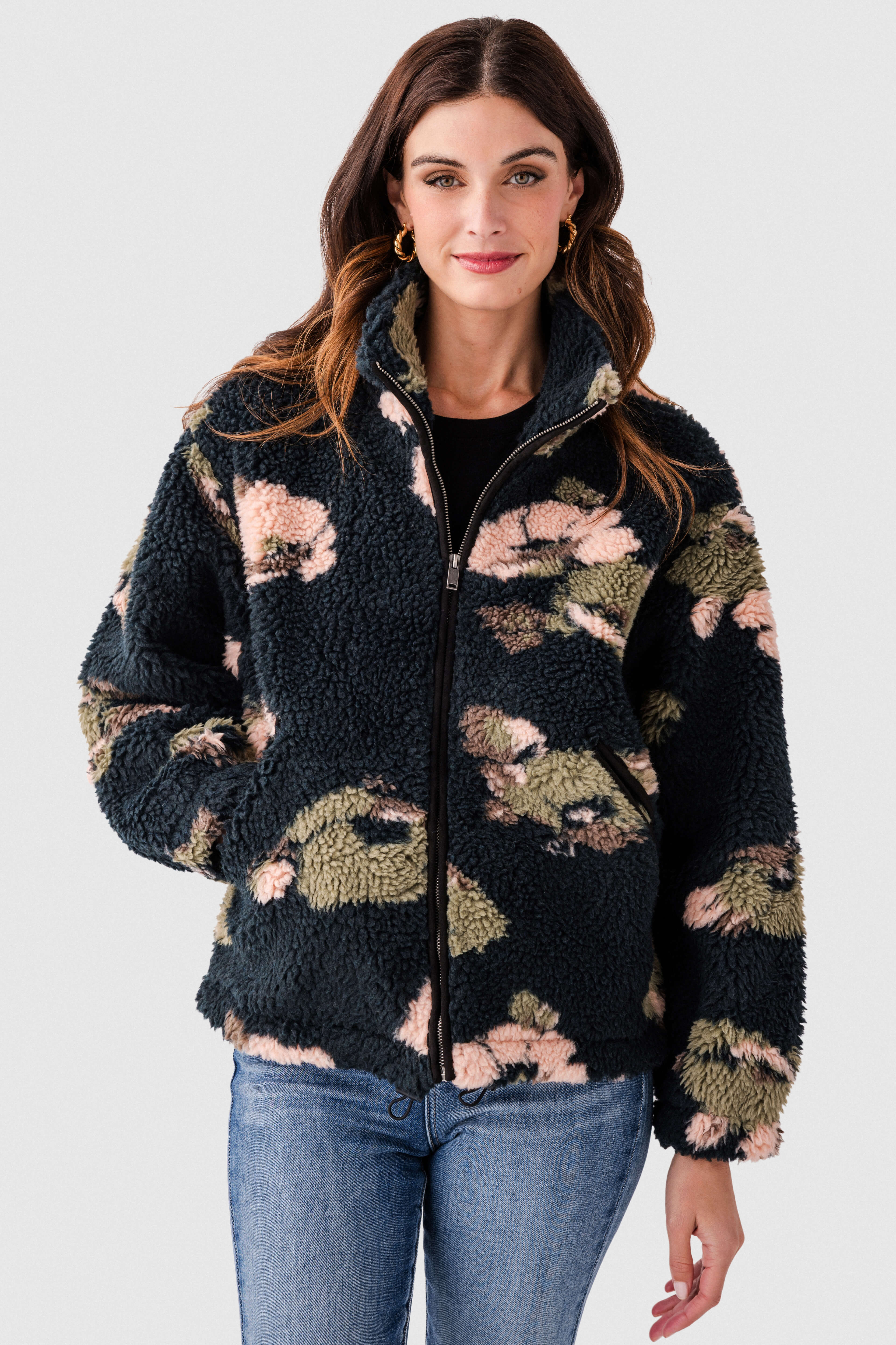 Oversized Textured Zip-front Sherpa Jacket