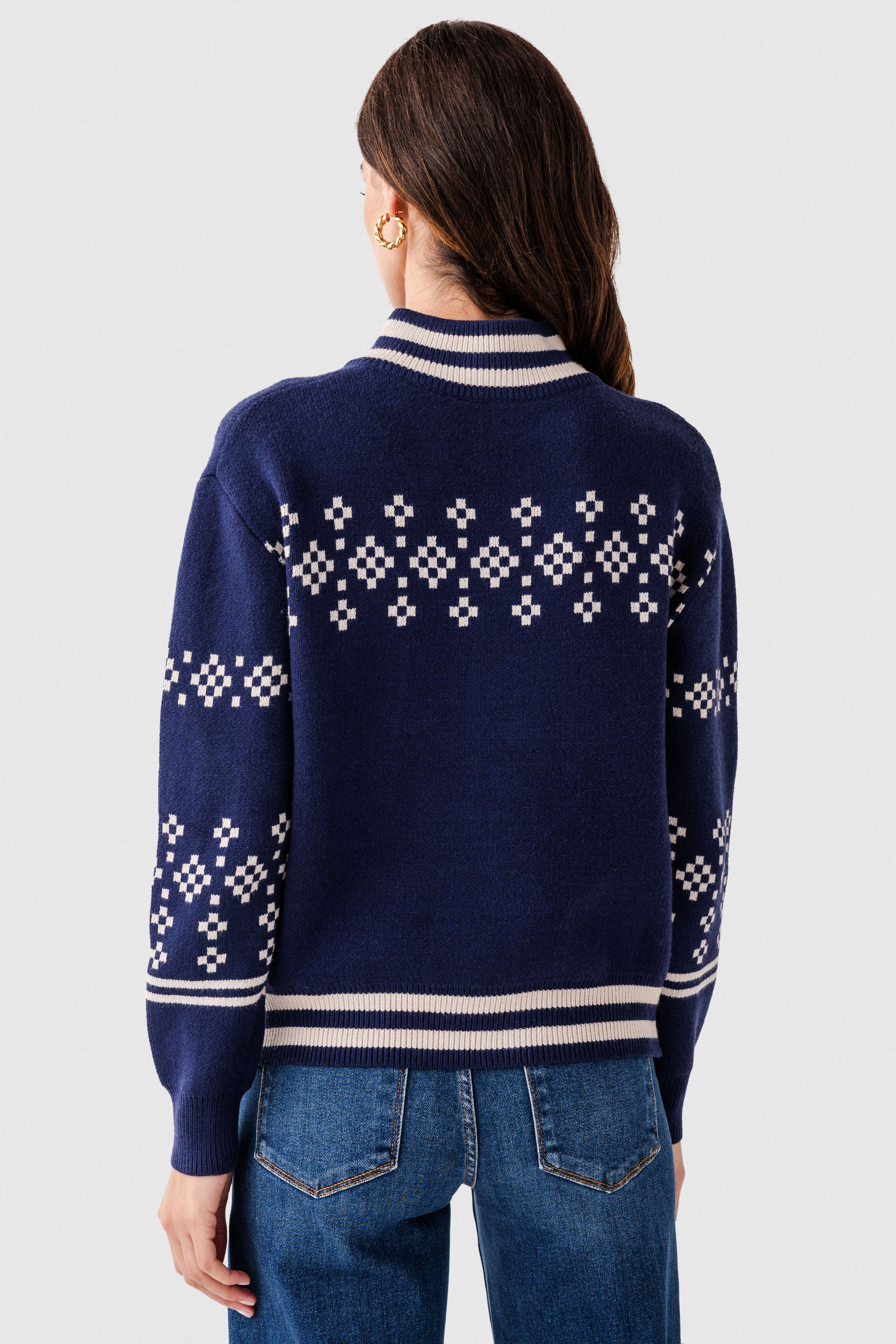 Nordic-motif Half-zip Knit Sweater