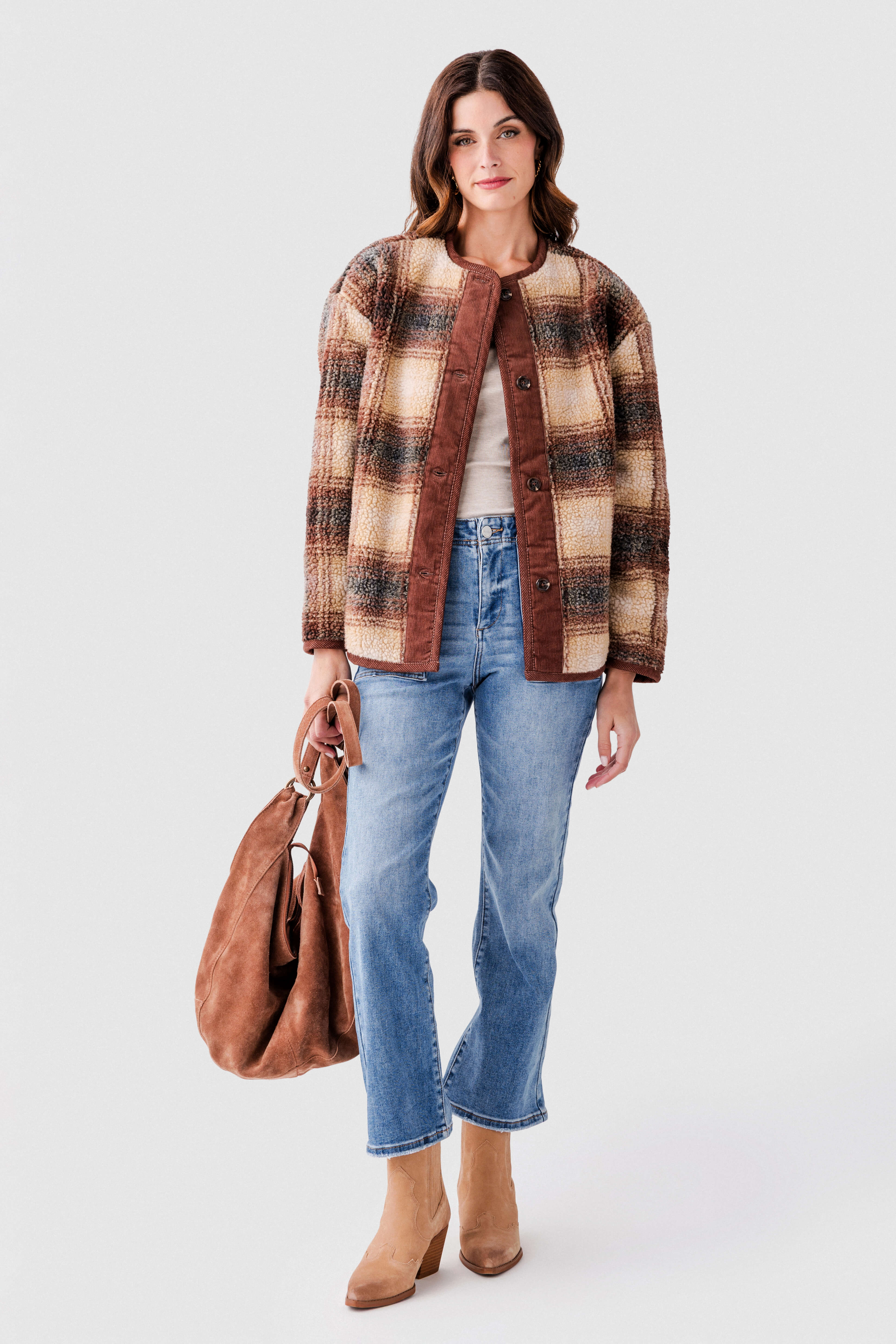 Plaid Corduroy-placket Sherpa Jacket