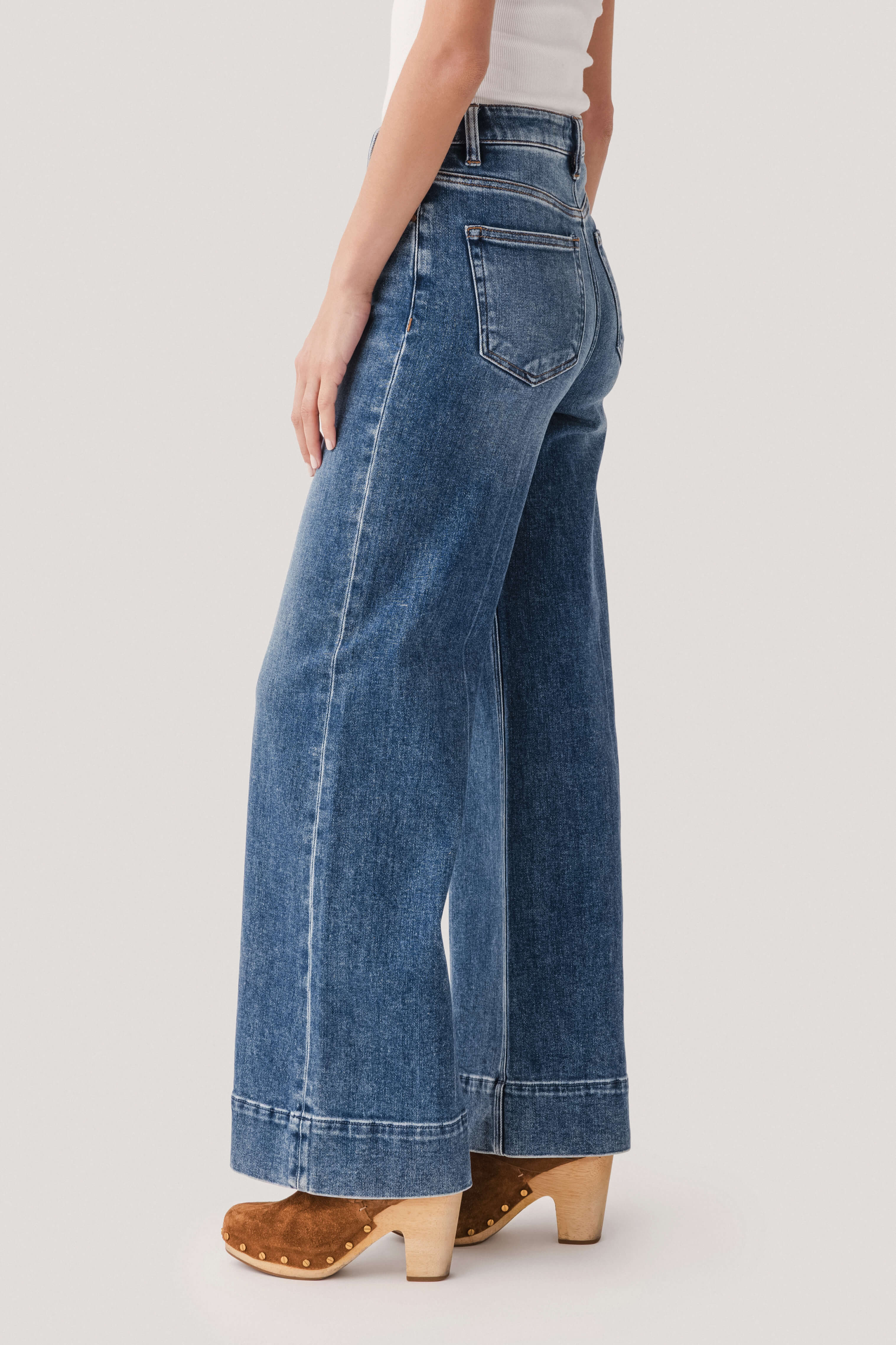 White-topstitched High-rise Wide-leg Flare Denim Jeans