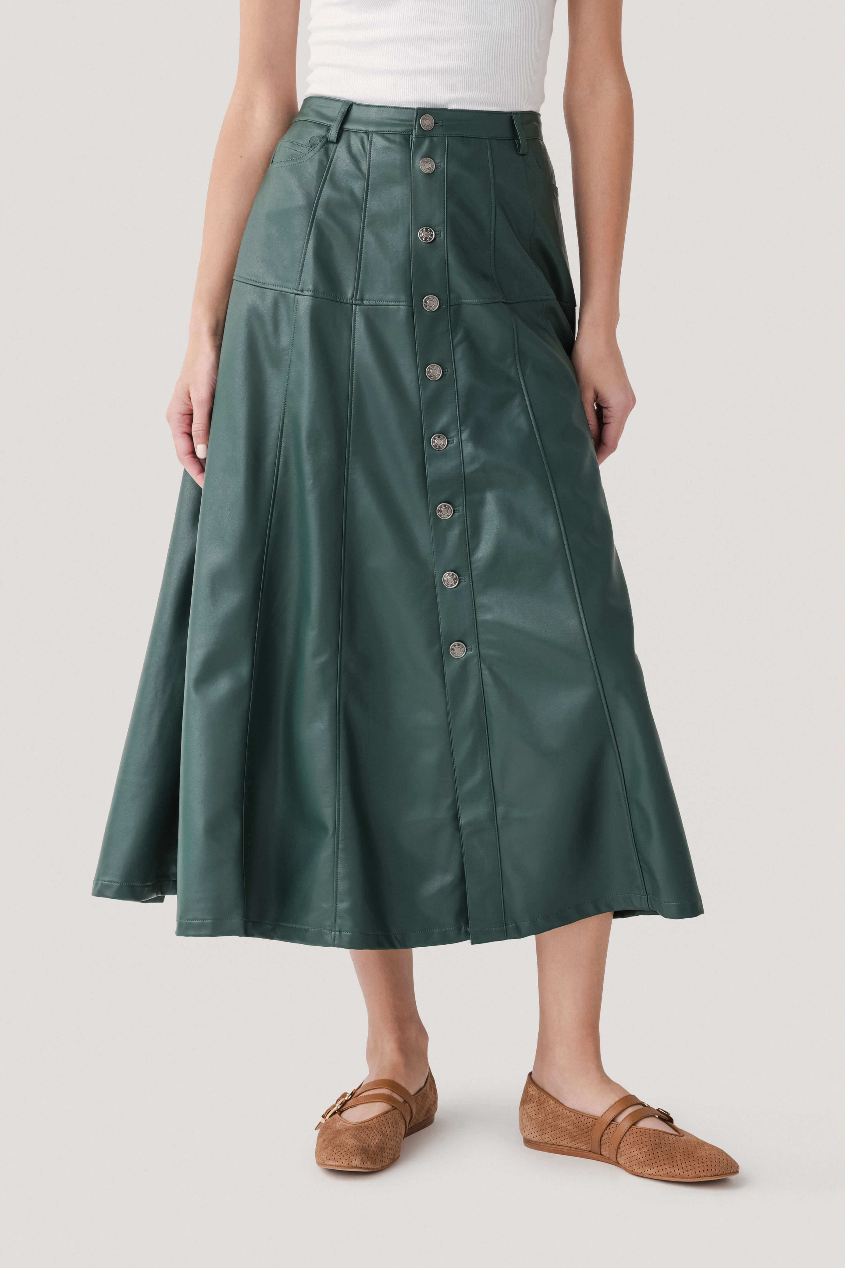 Metallic-button Structured A-line Faux Leather Midi Skirt