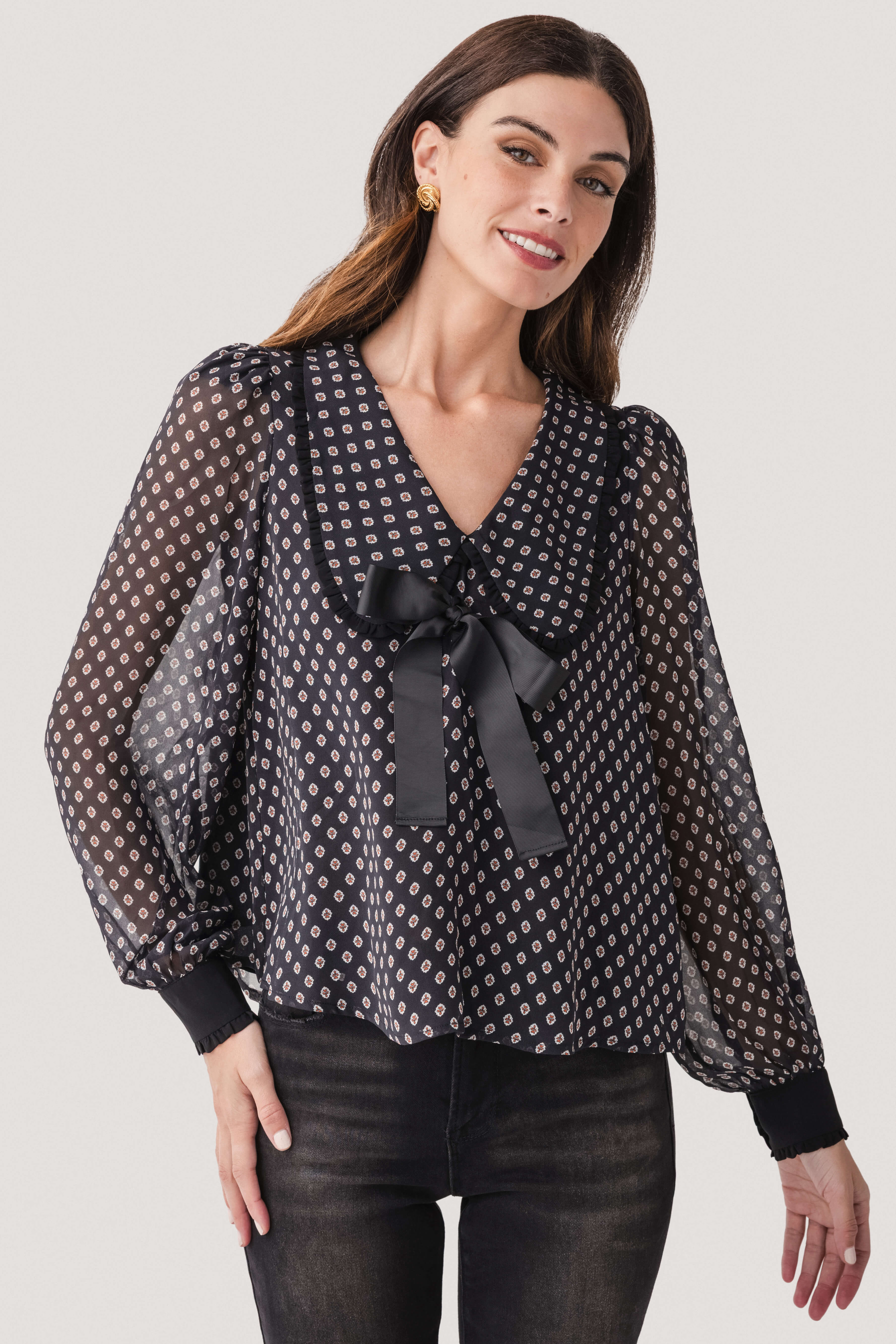 Vintage-inspired Ruffled Bow V-neck Chiffon Top