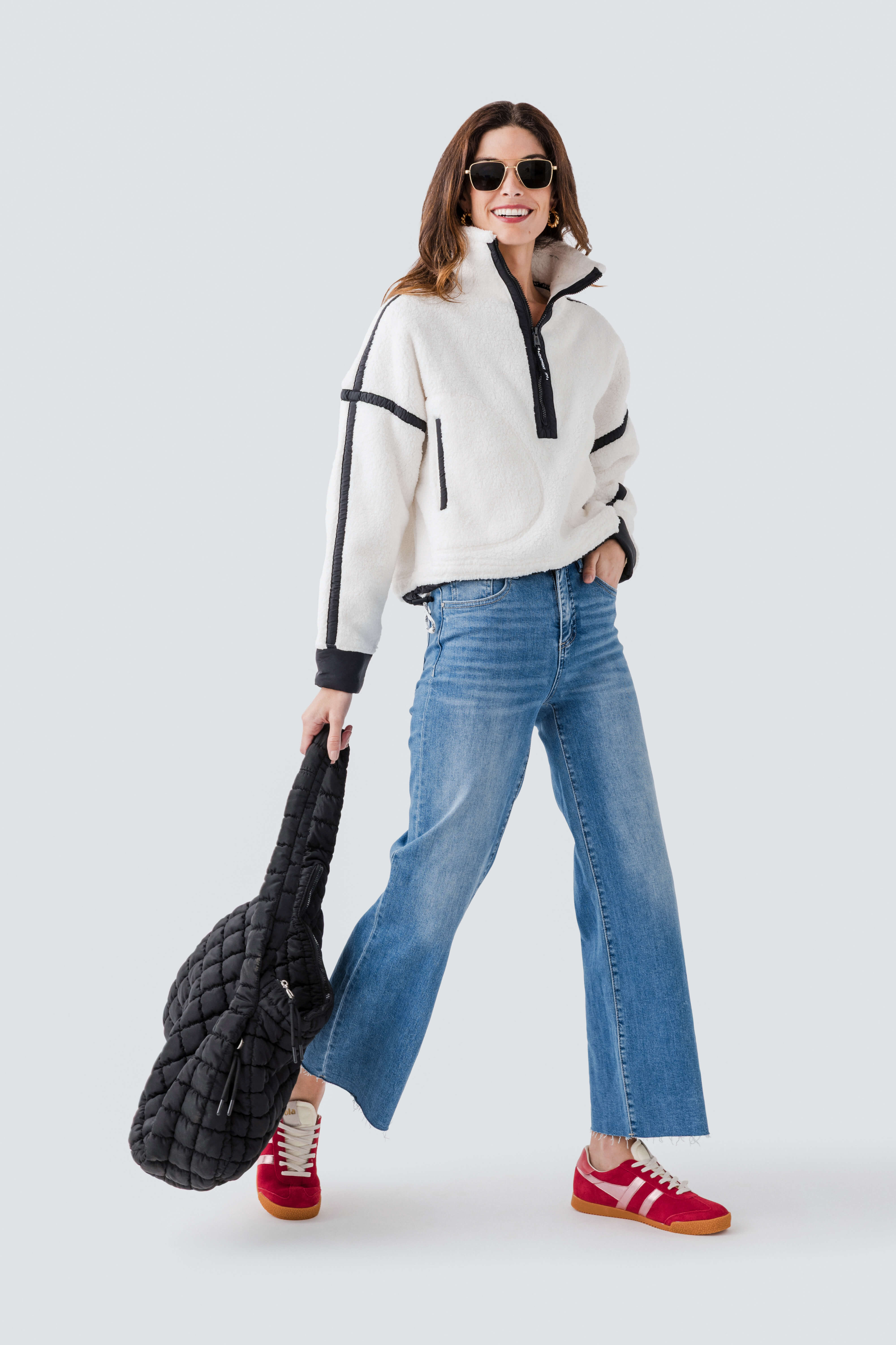 Piped Cropped Quarter-Zip Fleece Jacket