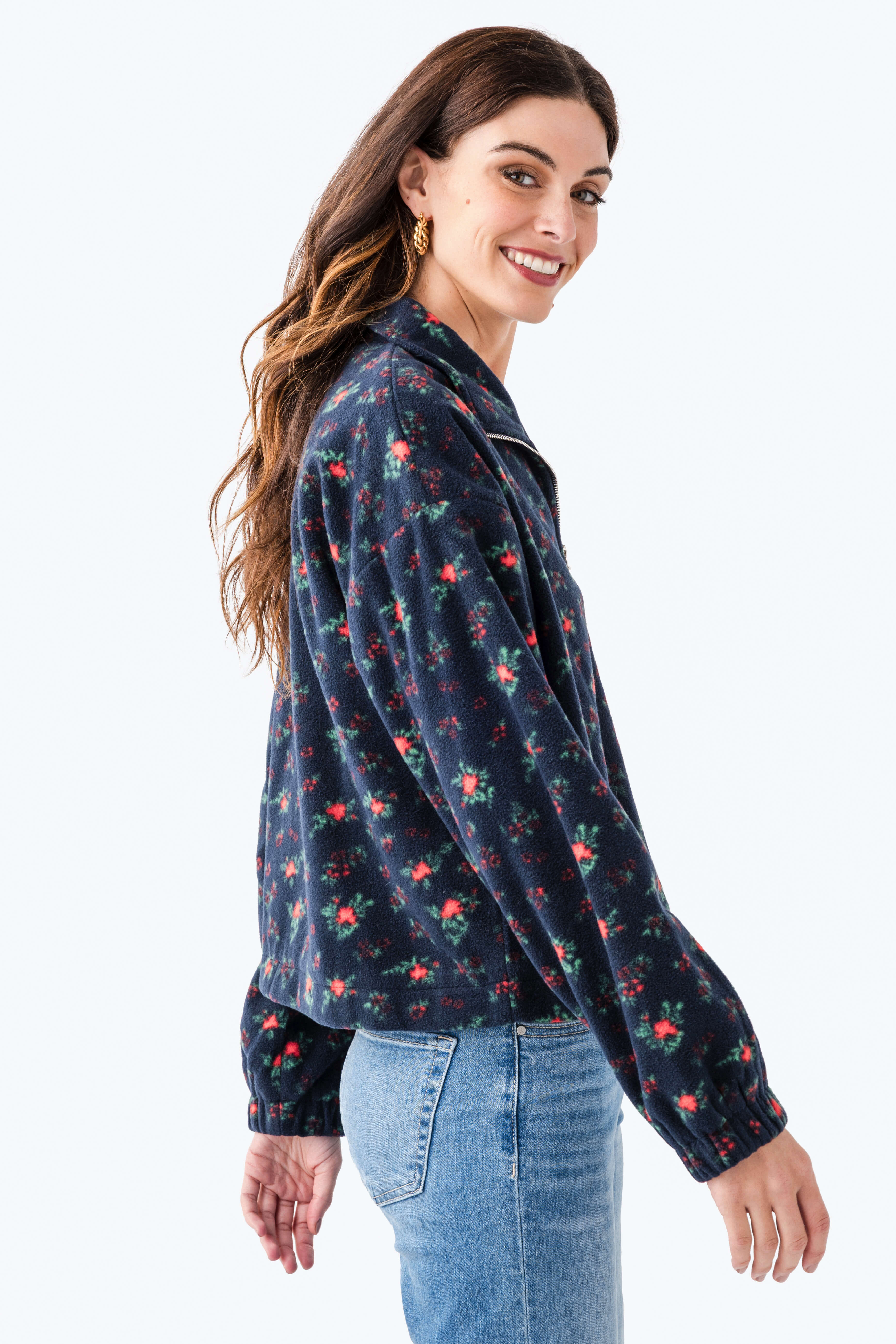 Cropped Floral-print Fleece Zip-up Jacket