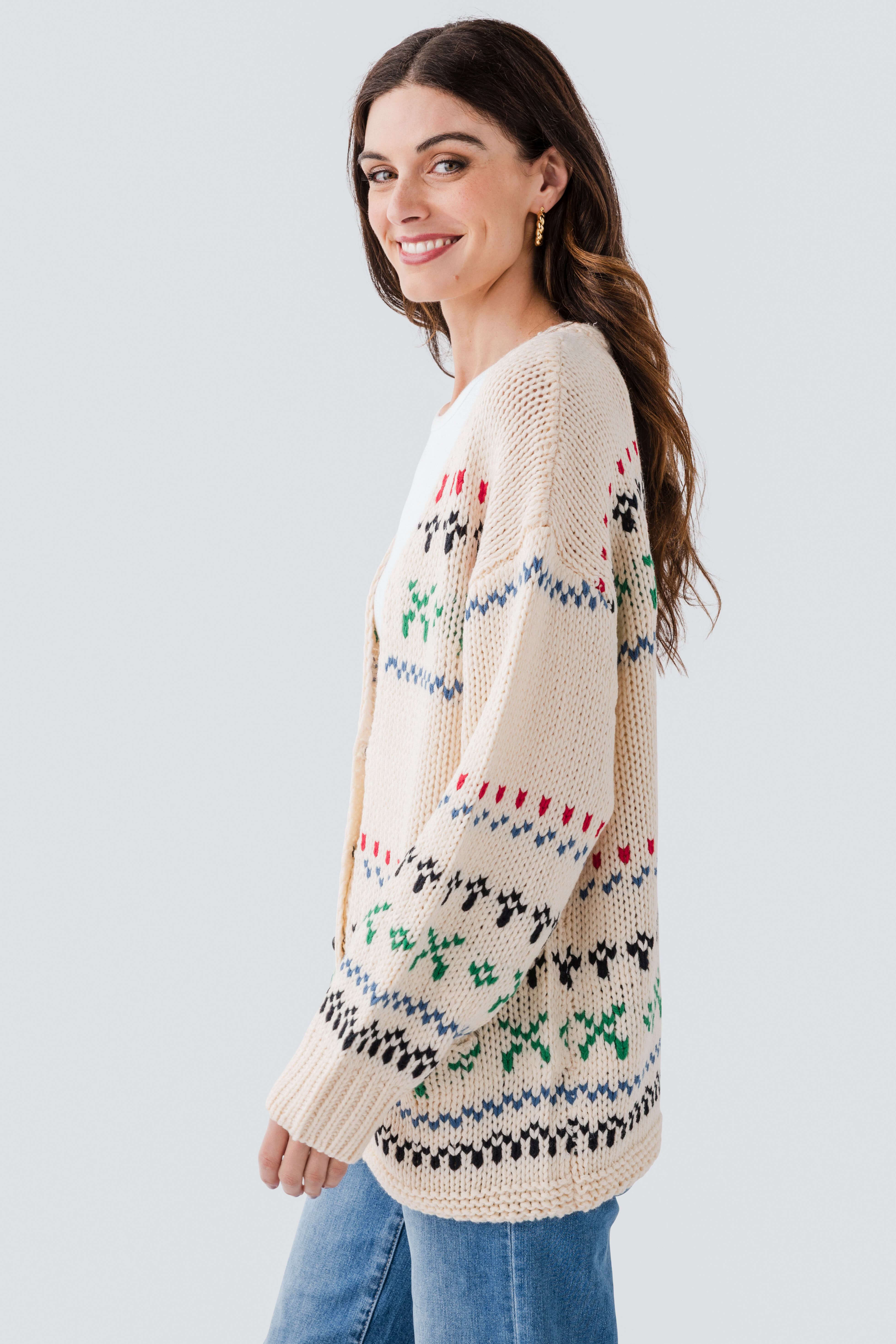 V-neck Fair-isle Oversized Knit Cardigan