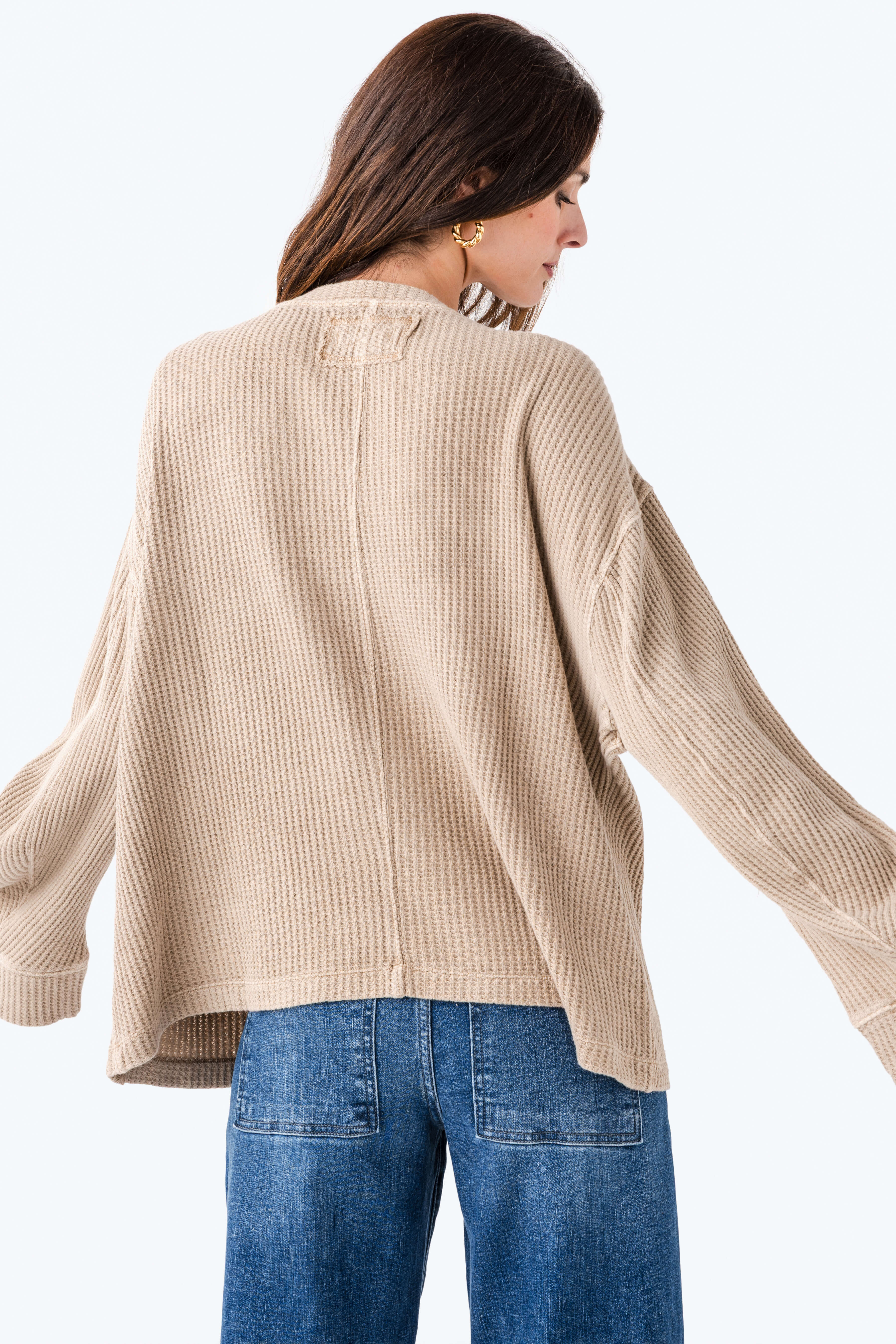 Waffle-knit Oversized Round-neck Pocket Sweater