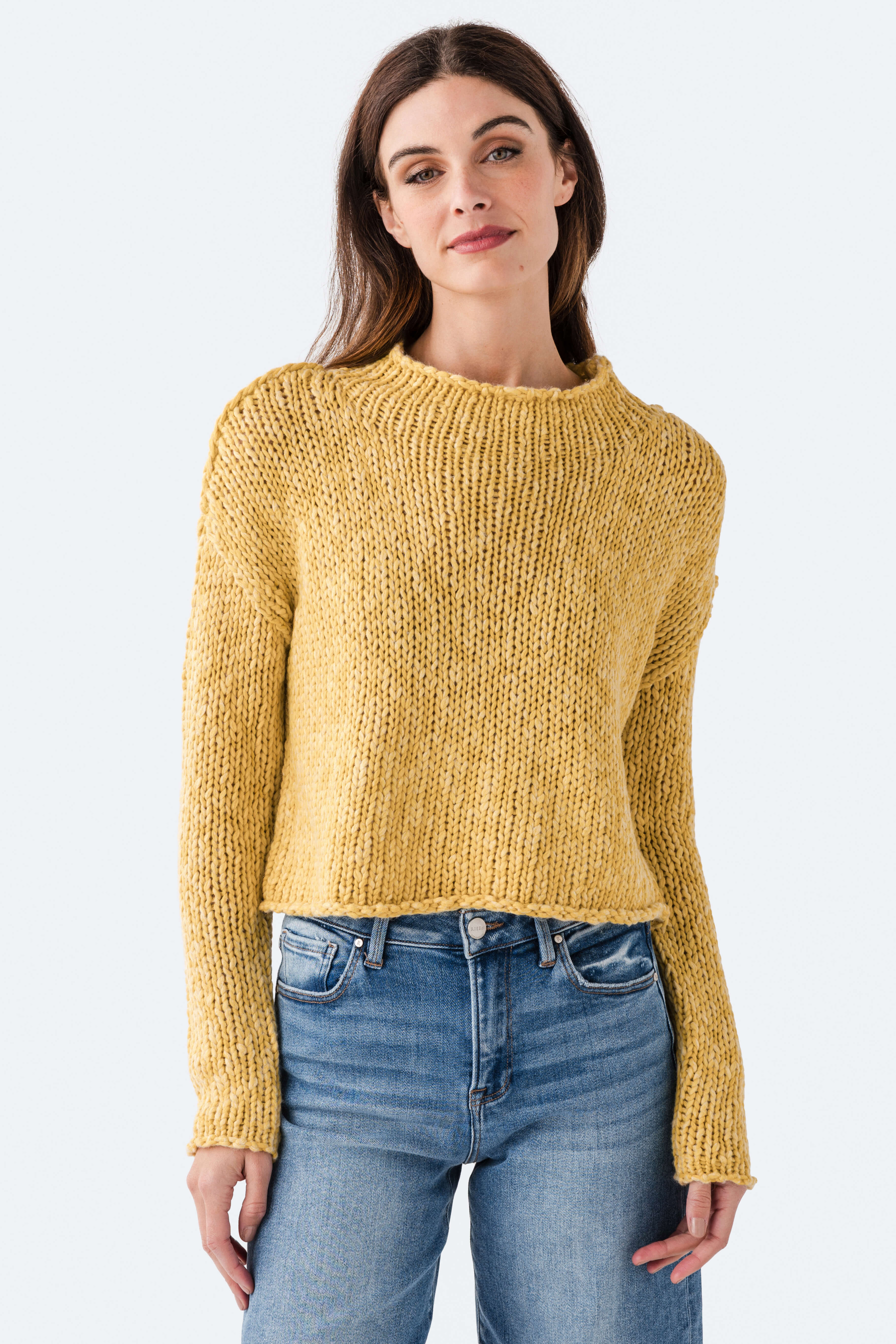 Frayed-crewneck Textured Cropped Knit Sweater