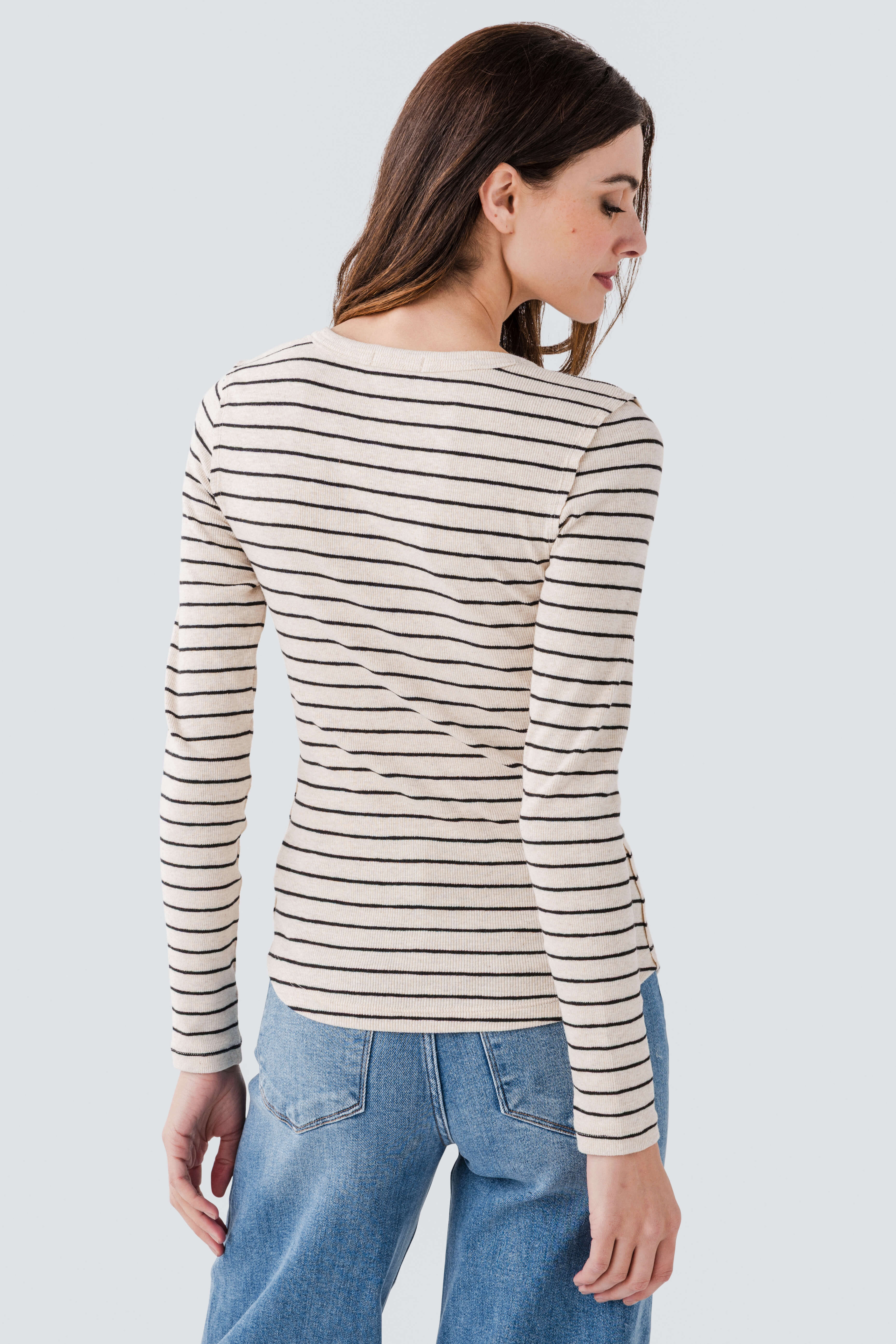 Striped-pattern Form-fitting Long Sleeve Henley Top