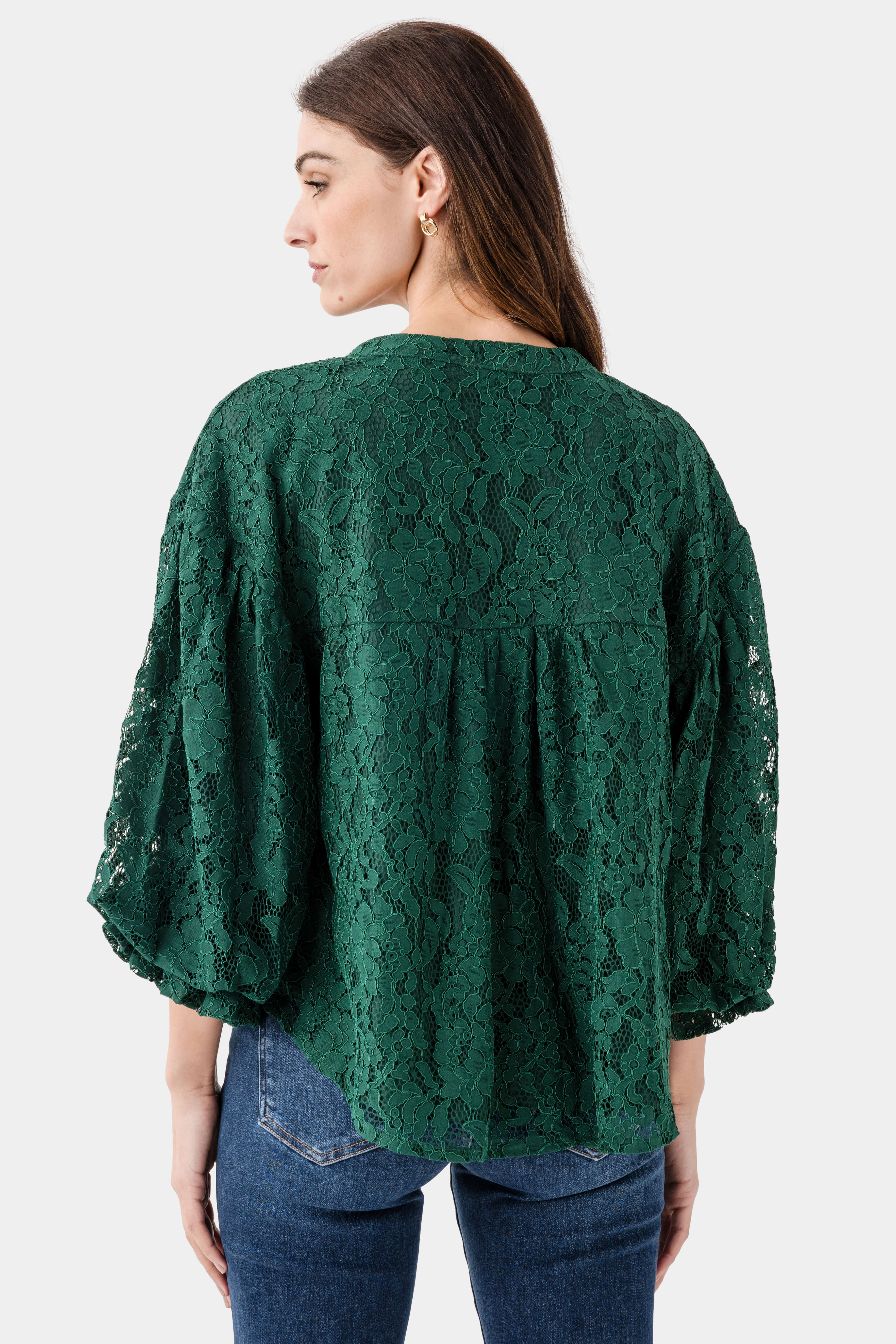 Floral-lace Balloon-sleeve High-low Blouse