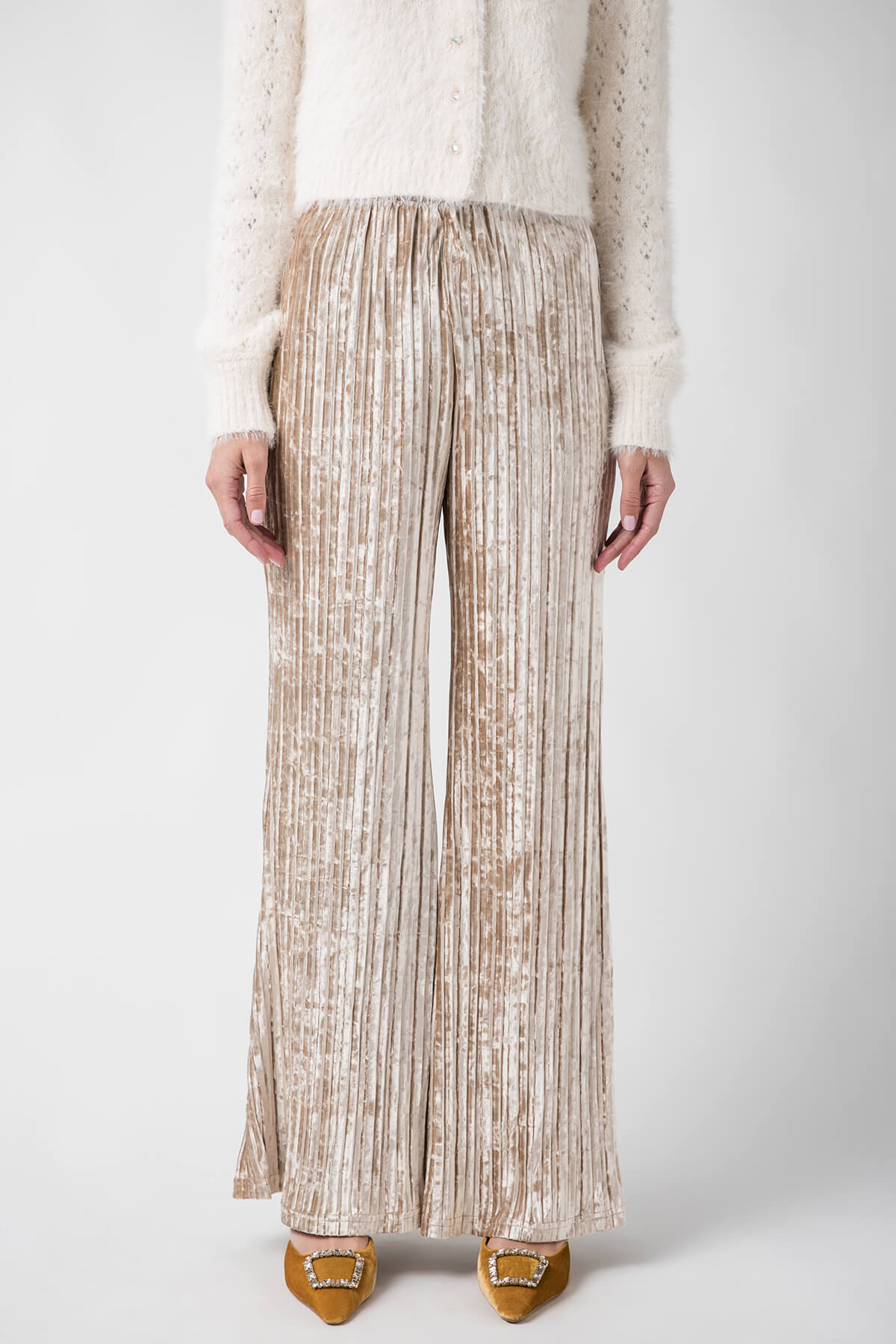 Pleated-textured High-waist Wide-leg Velvet Pants