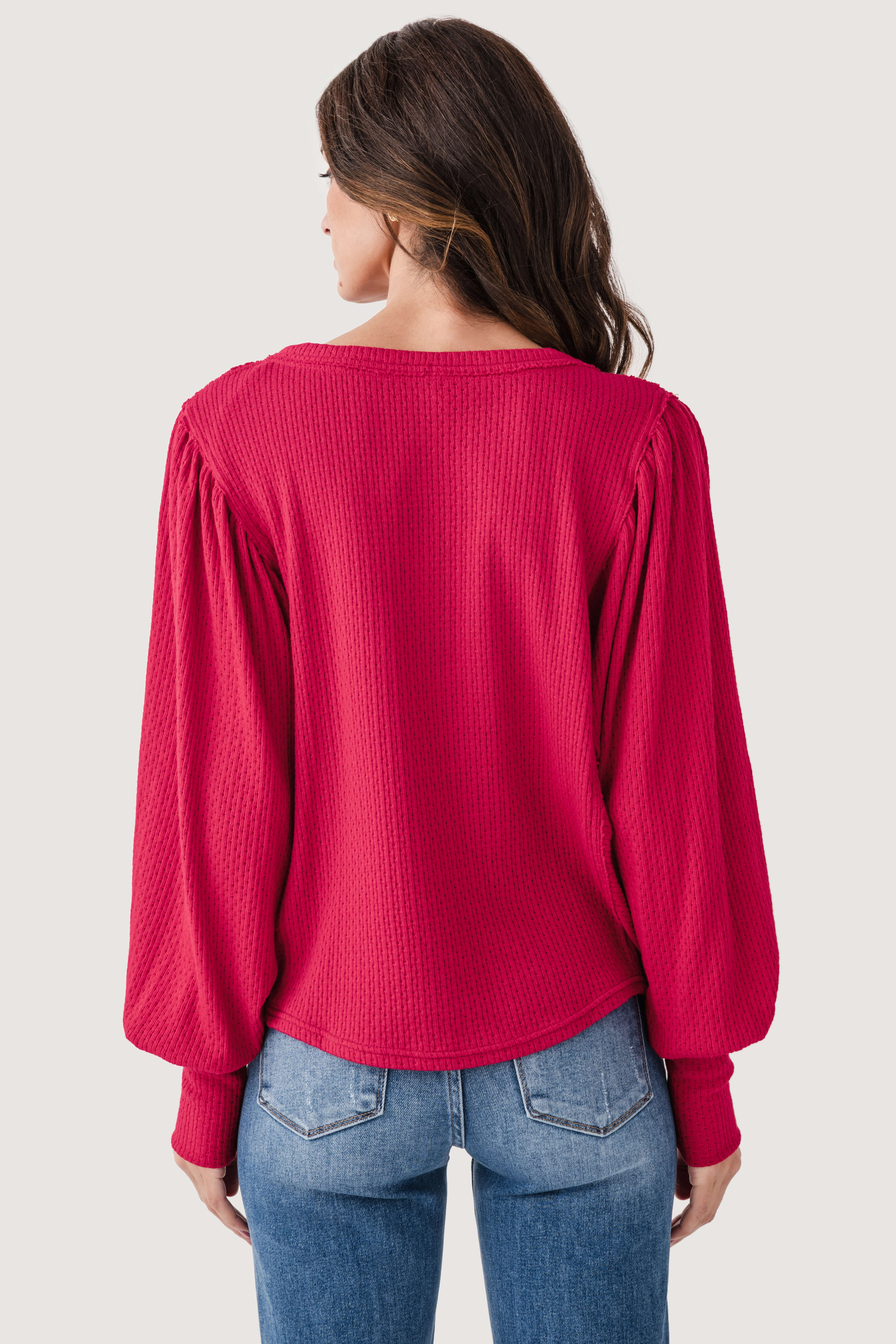 Balloon-sleeve Waffle-knit Henley Blouse