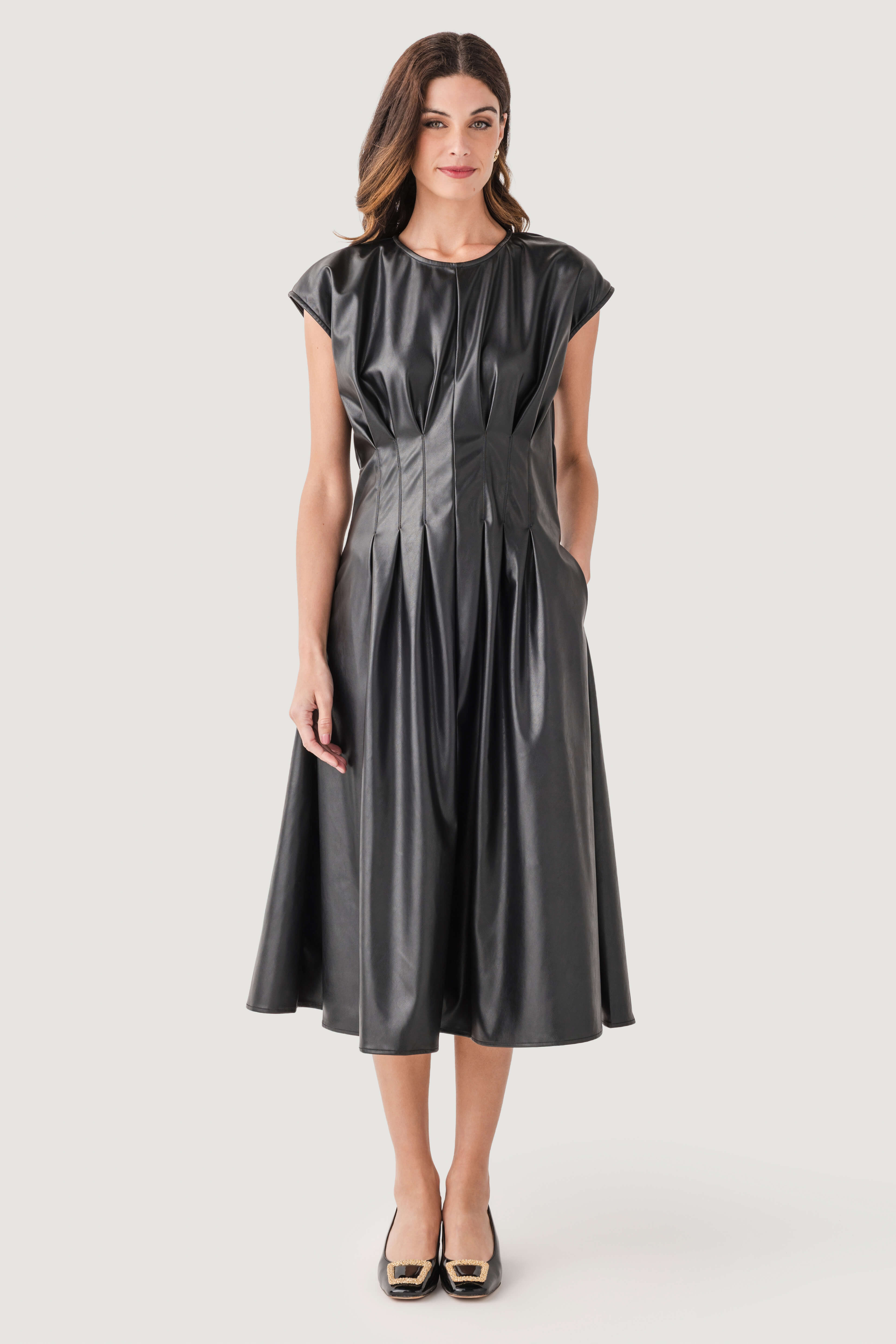 Cap-sleeve A-line Pleated Faux Leather Midi Dress