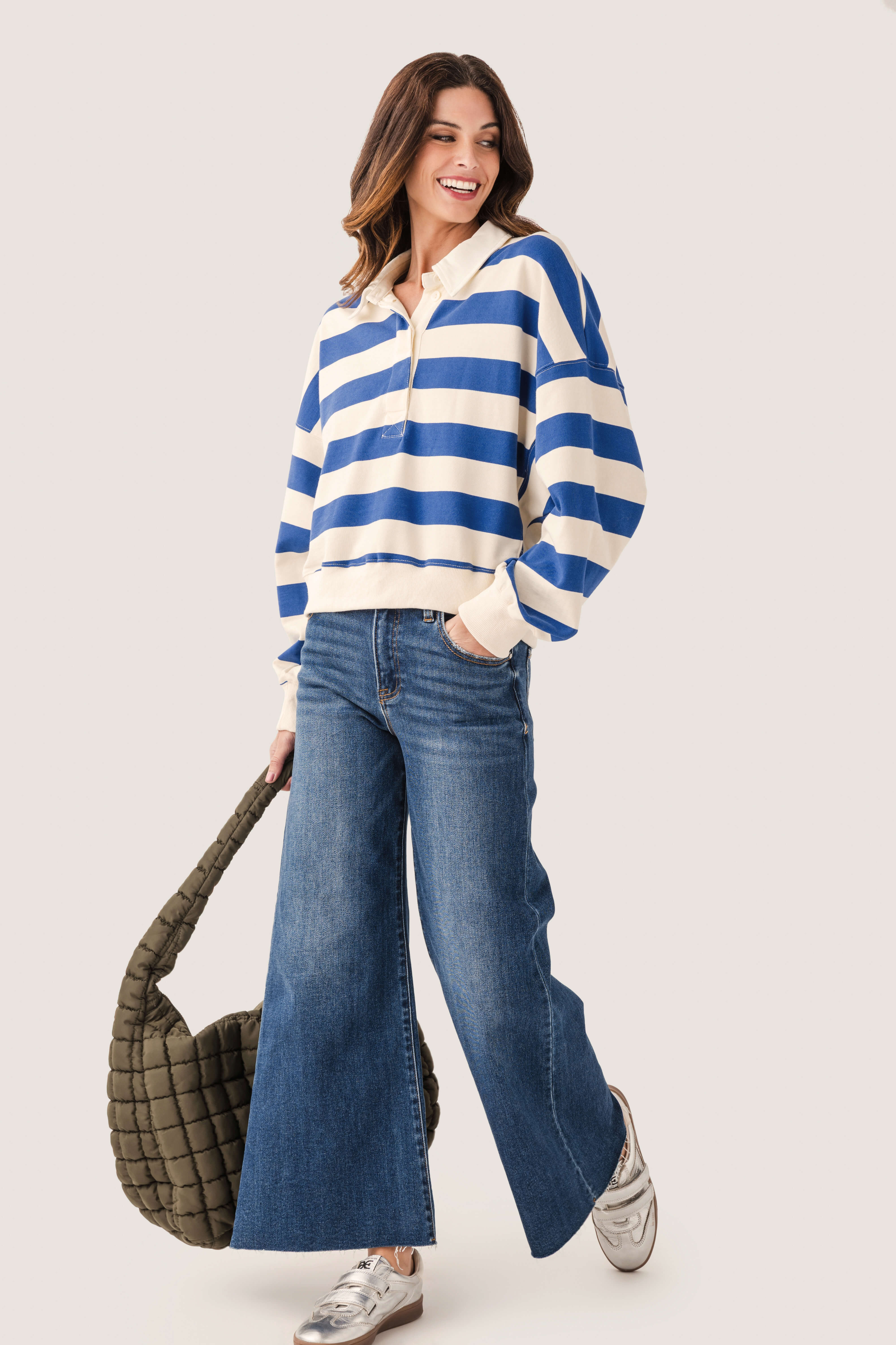 Cropped Oversized Striped Polo Sweatshirt