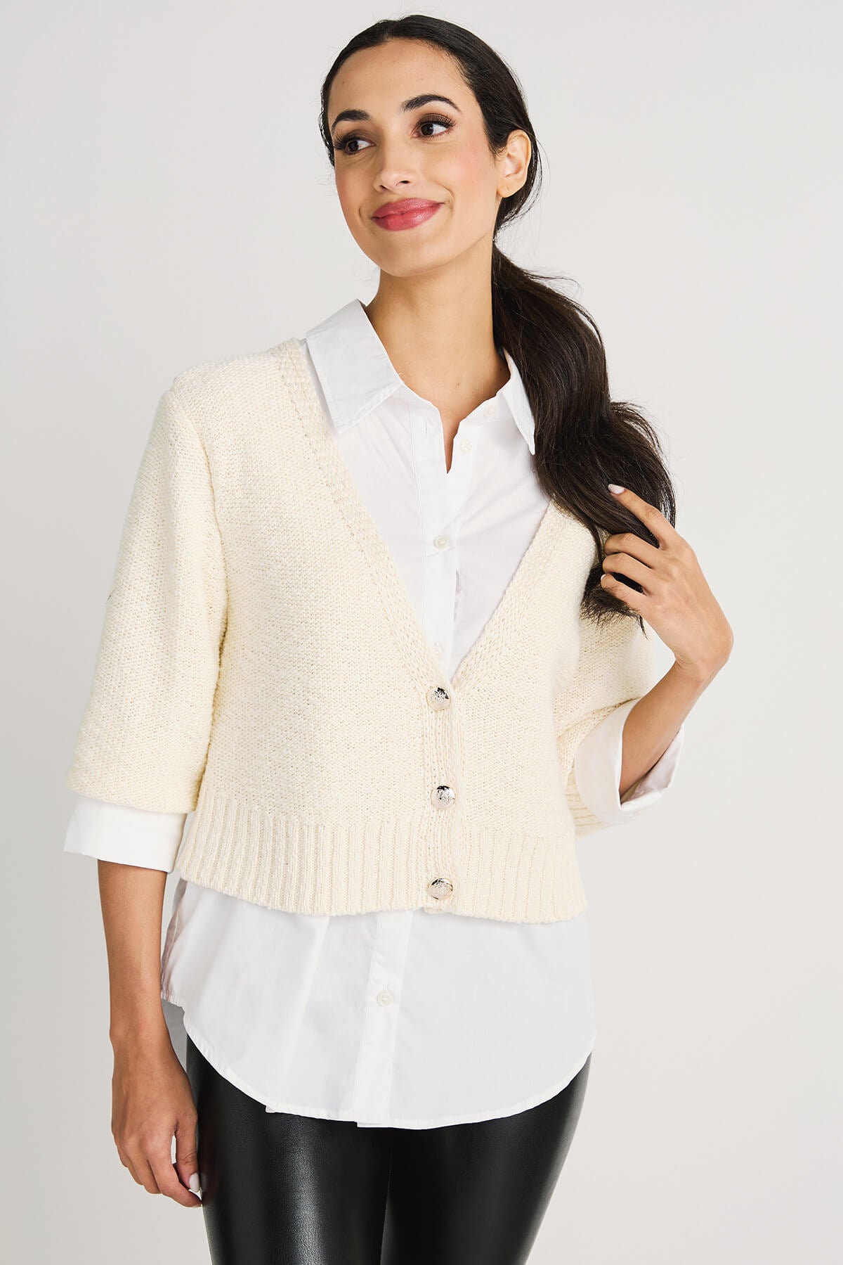 V-neck Textured Cropped Knit Cardigan