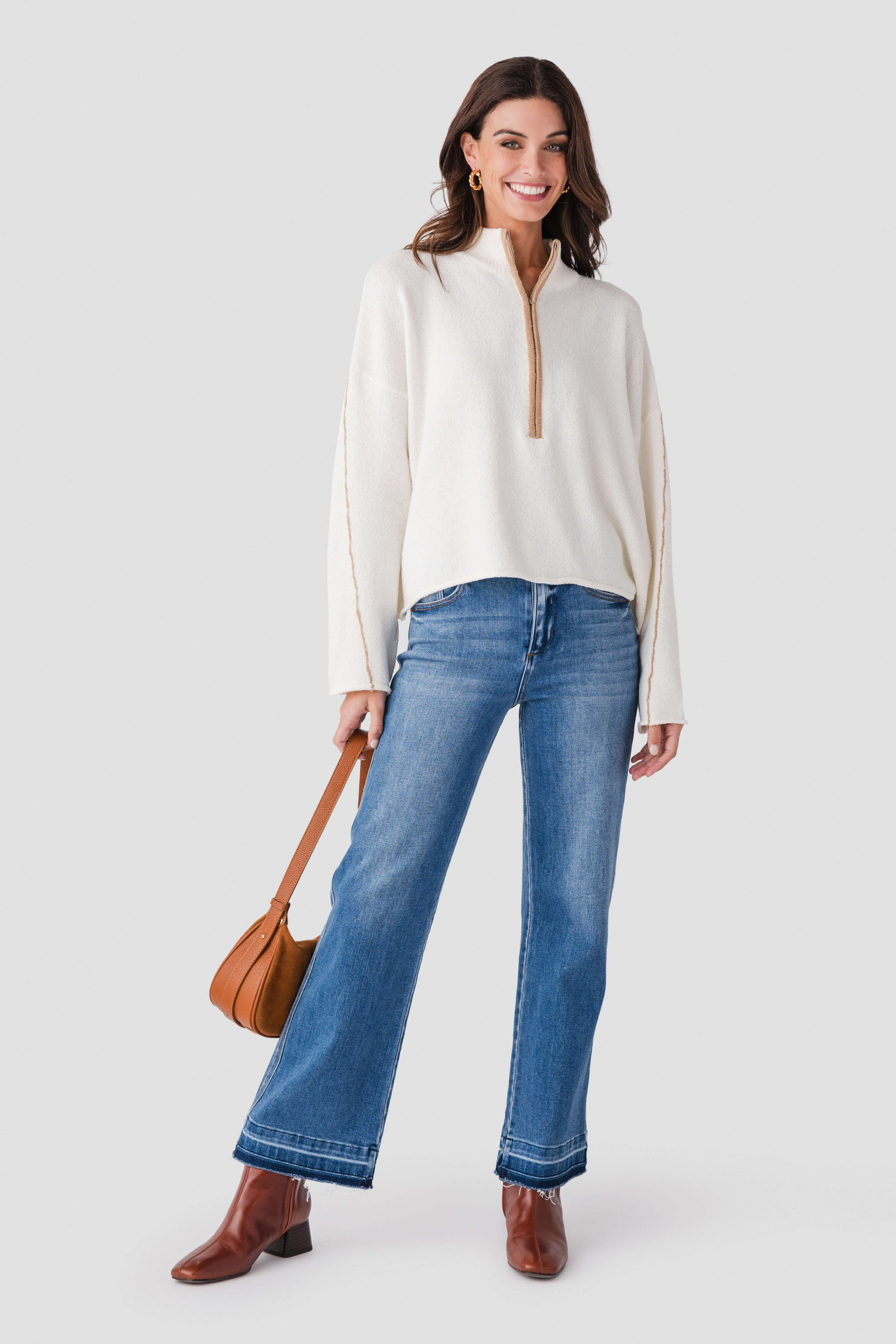 White-topstitched Frayed-hem High-rise Wide-leg Cropped Denim Jeans